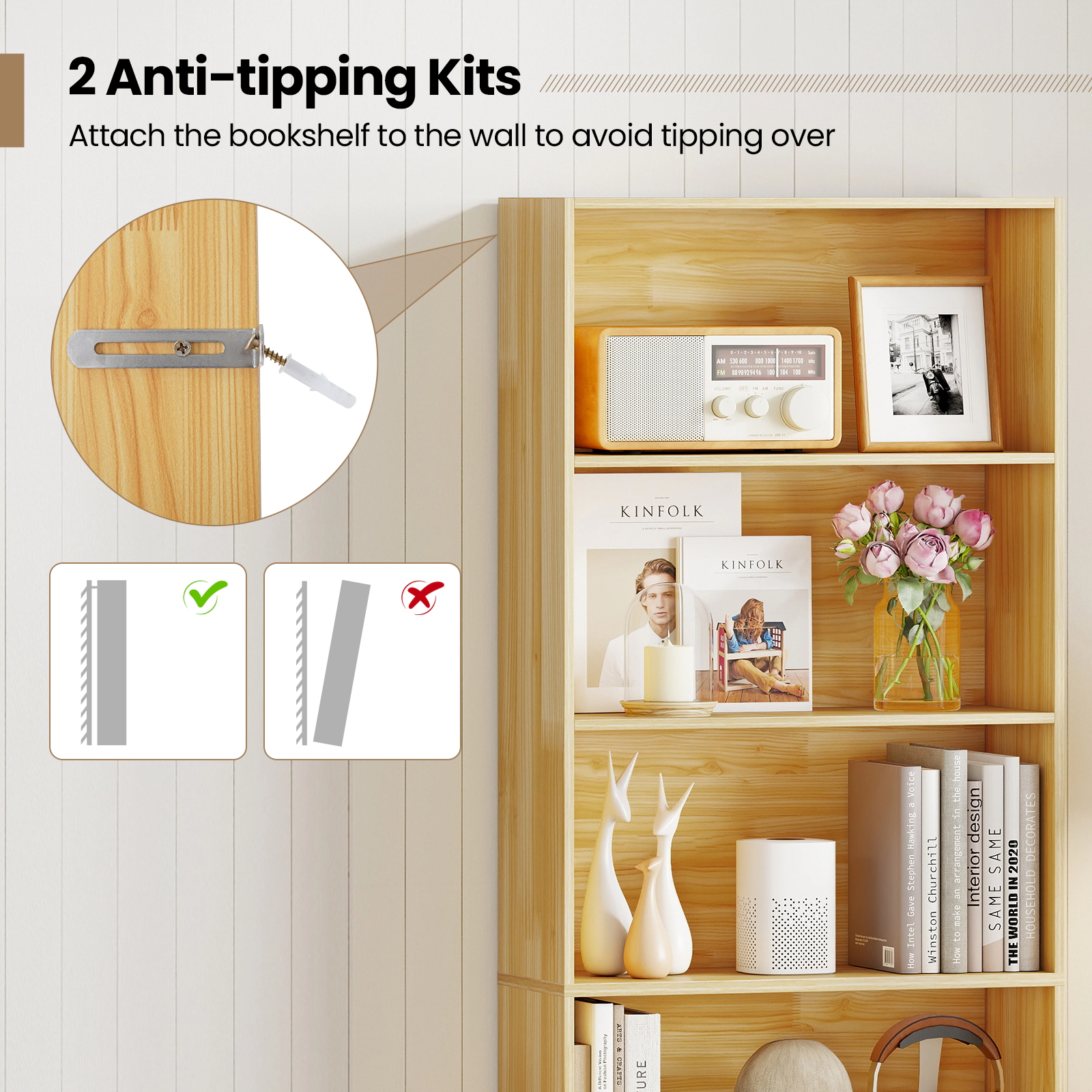 SUGIFT 6-Tier Natural 70-in Tall Bookshelf with 6 Uniform Open Shelves 2 Anti-Toppling Kits and 200-lb Top