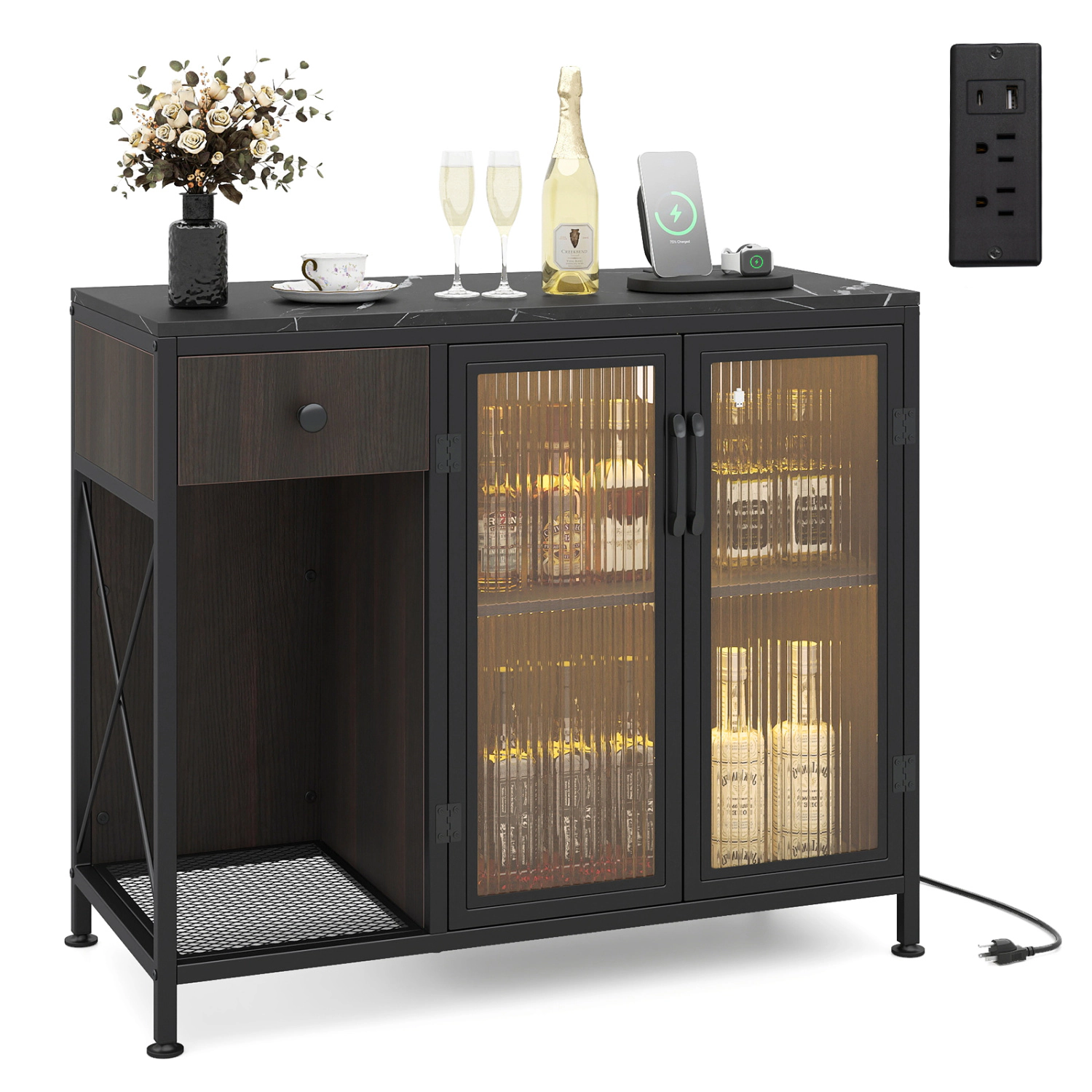 Glintex 34-Inch Buffet Sideboard with LED Lights and Built-In Power Strip