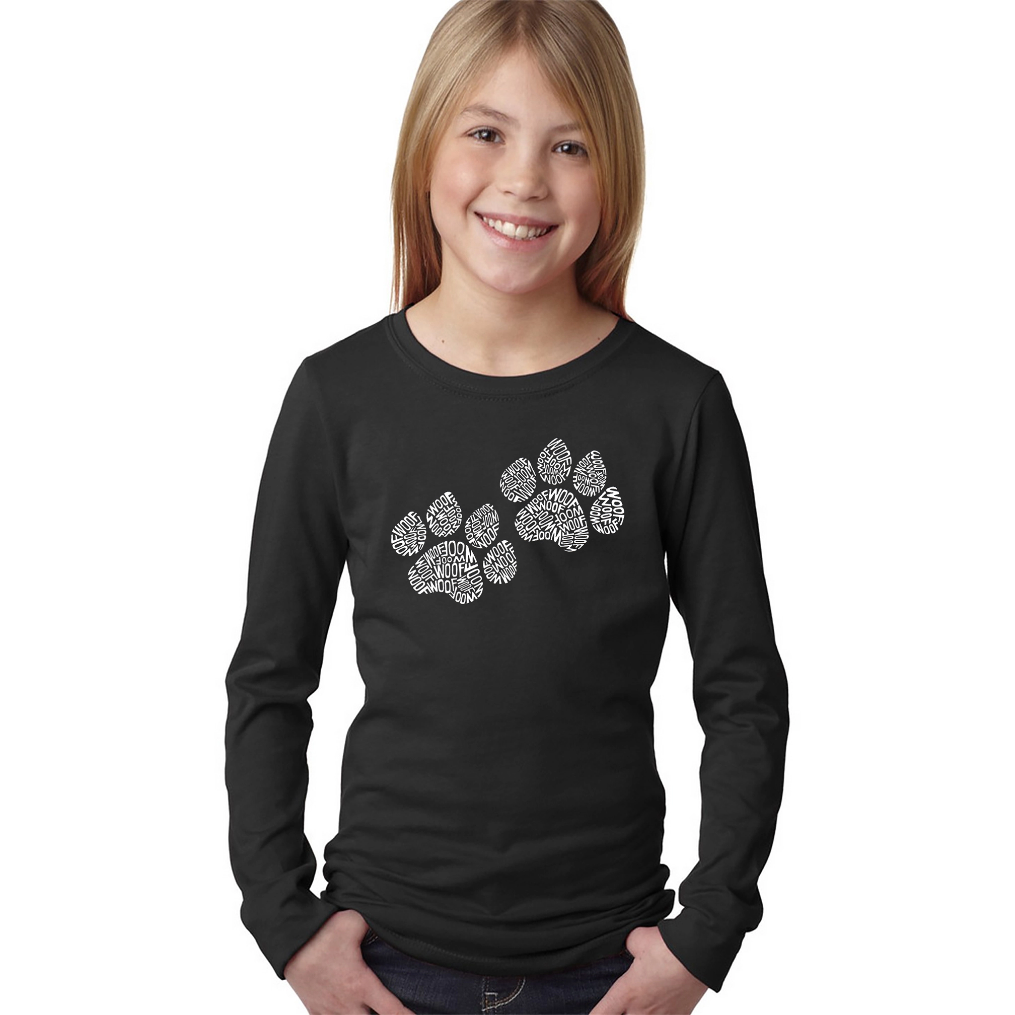 LA Pop Art Girls Long Sleeve Word T-Shirt - Woof Paw Prints