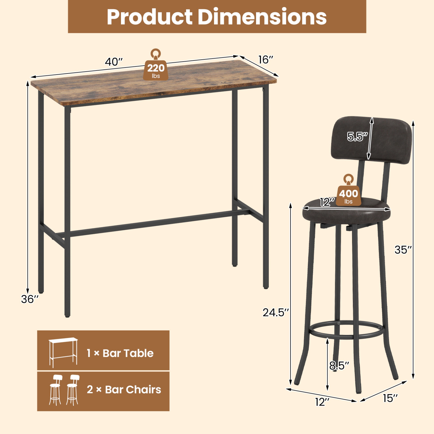 Slickblue Pub Table Set with 2 Stools Counter Height Kitchen Dining Set Rustic Brown-3 Pieces