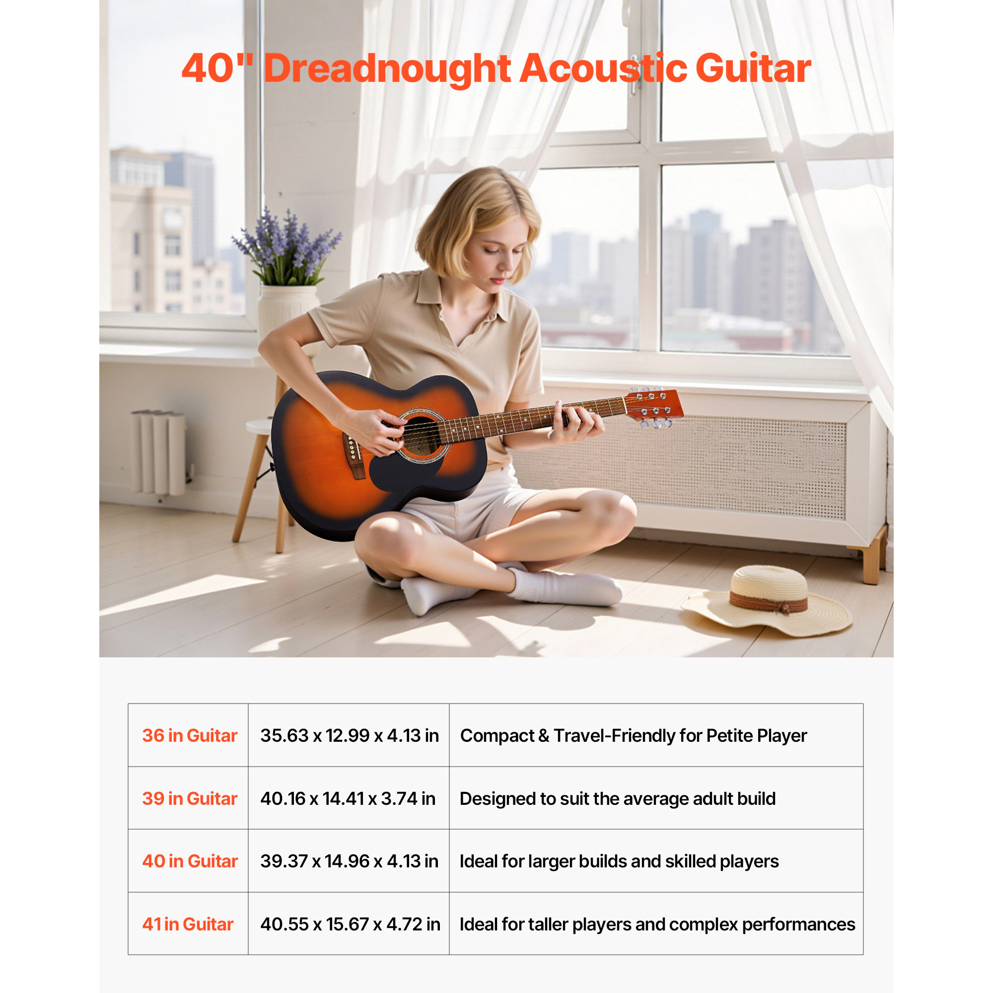 HONGGE Dreadnought Acoustic Guitar, 6-String Solid Top Guitar Bundle with Gig Bag, Tuner, Strap, Strings, Picks, Capo