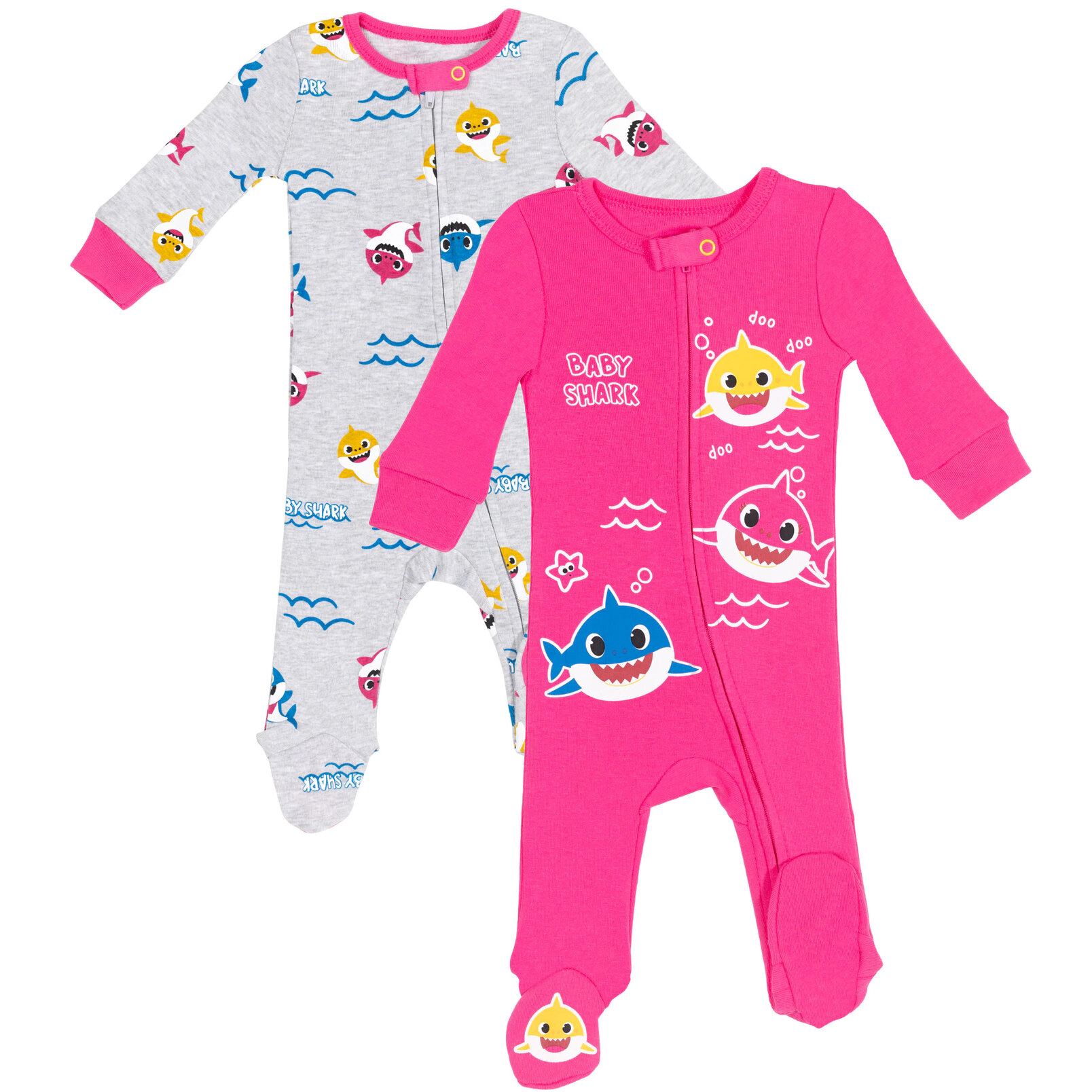 Pinkfong Baby Shark Girls' 2-Pack Zip-Up Footed Sleep N Play