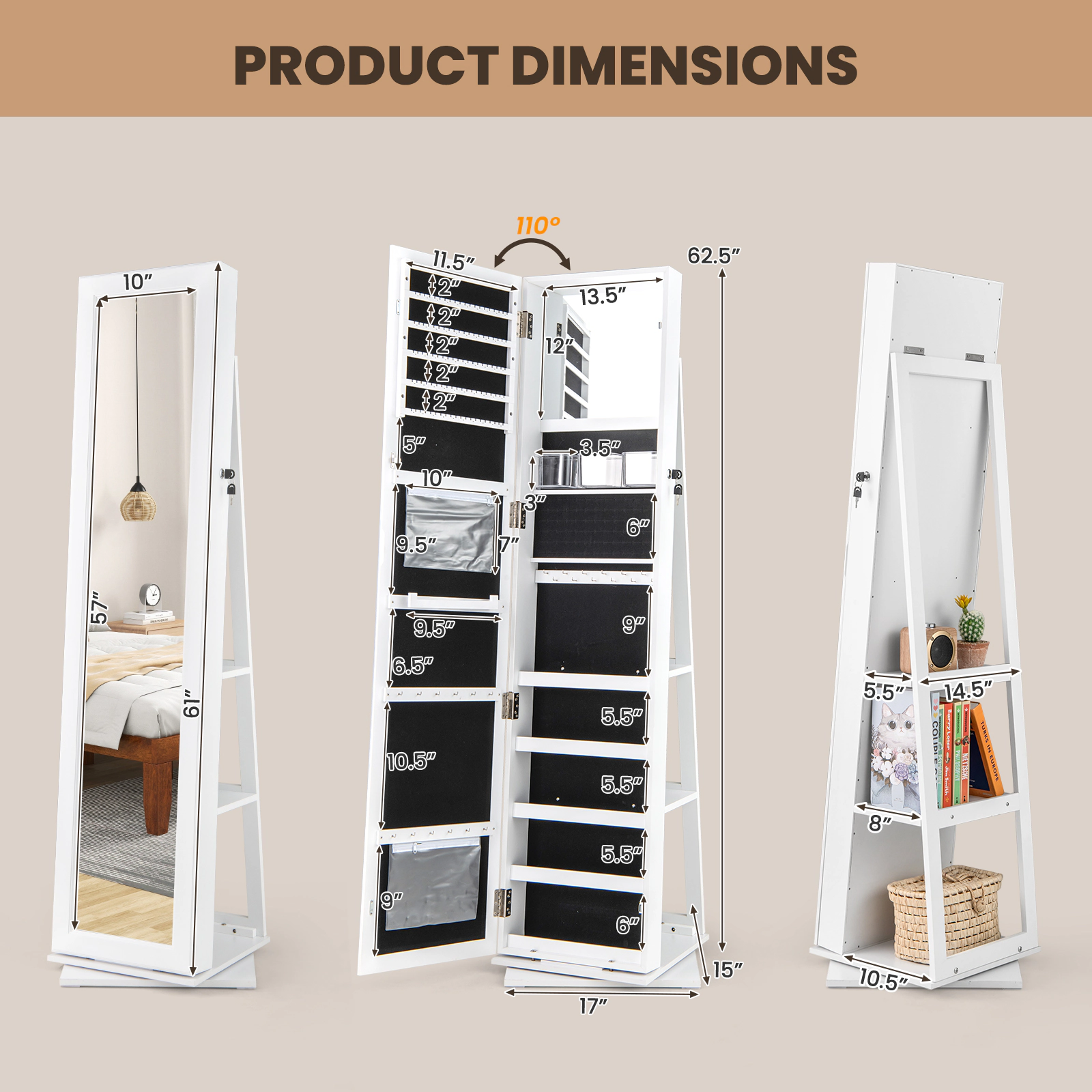 SUGIFT 62.5 in Swivel Jewelry Armoire White with Full Length Mirror and 3 Back Storage Shelves