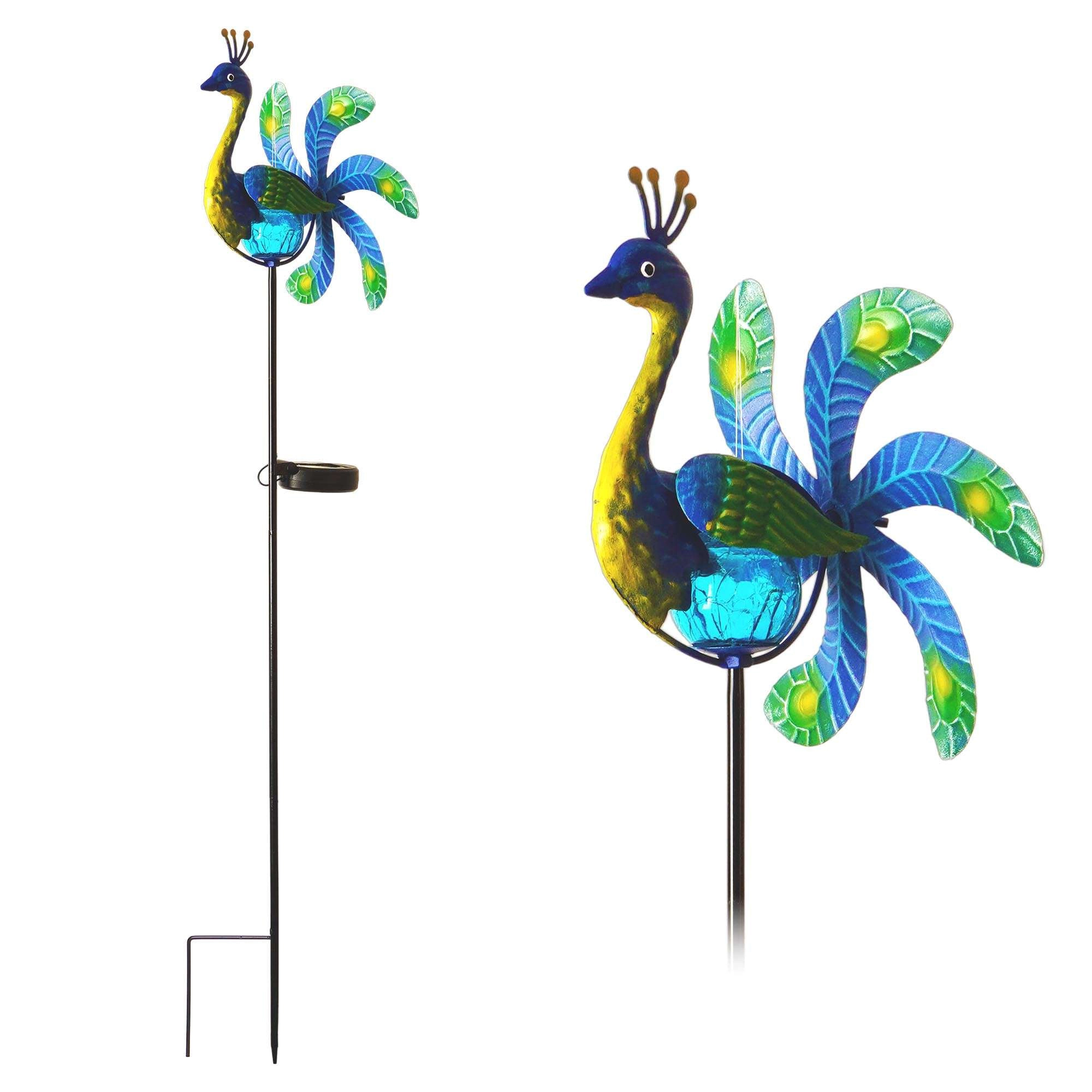 G128 38in Solar Peacock Metal Yard Stake with LED Swivel Wind Spinner, Rust-Proof Iron