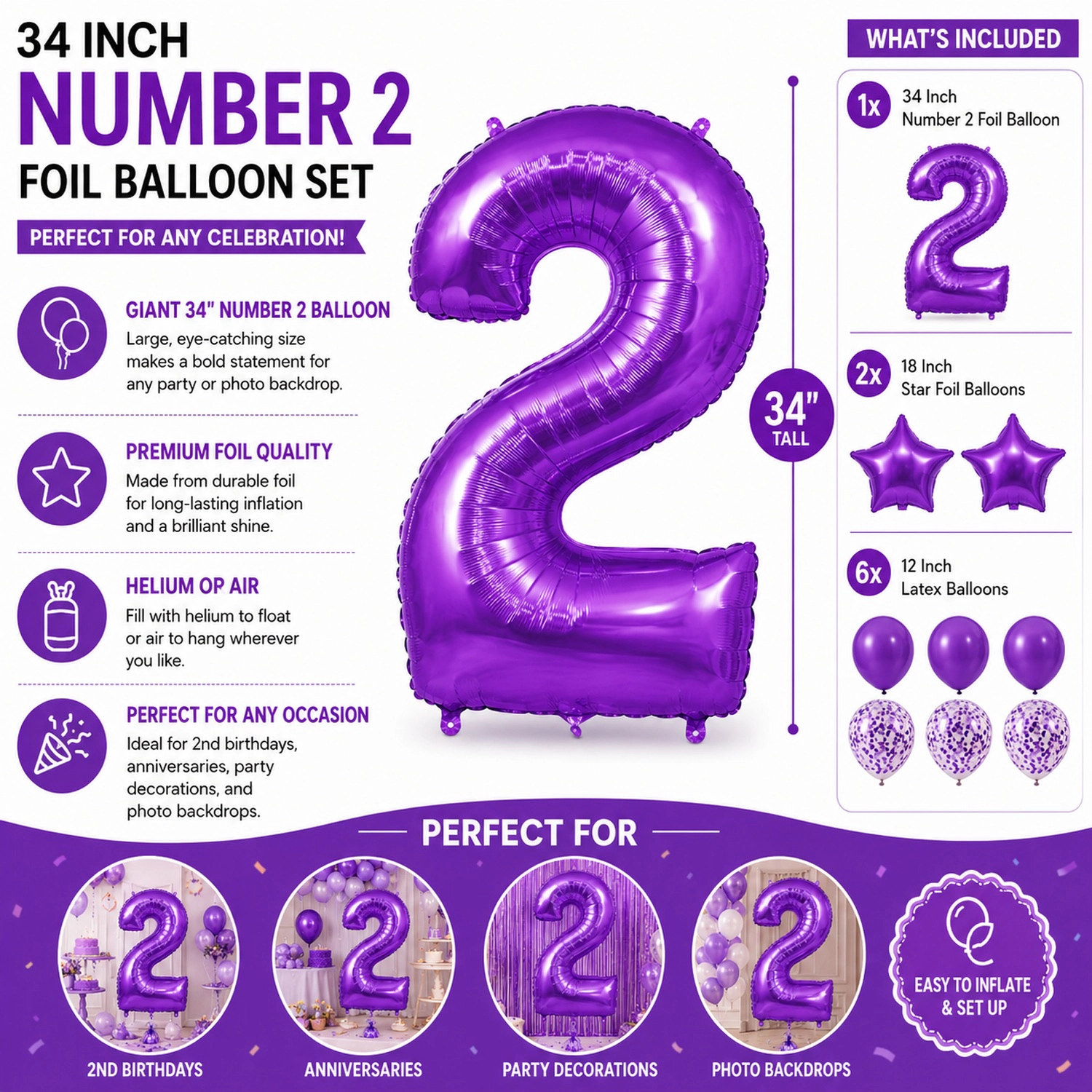 LoonBalloon Purple Number 2 Foil Balloon Set with 8 Purple and White Latex Balloons - 34 in Number 2 Party Decoration