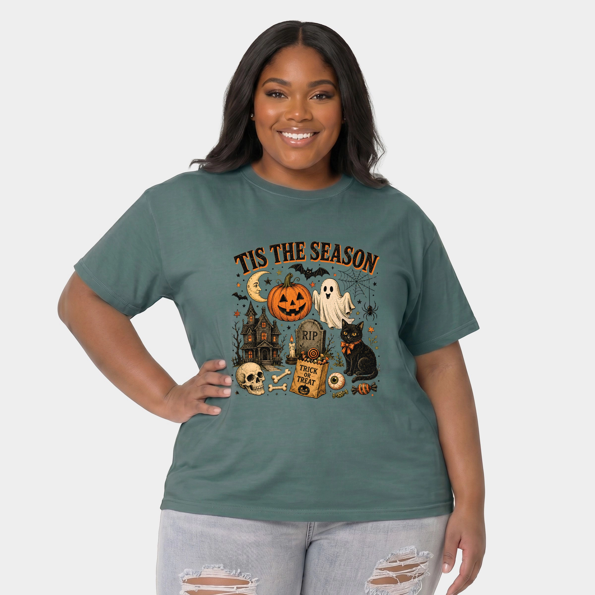 Simply Sage Market - Women's Plus Sized Garment Dyed Graphic T-Shirt Tis The Season Haloween Collage