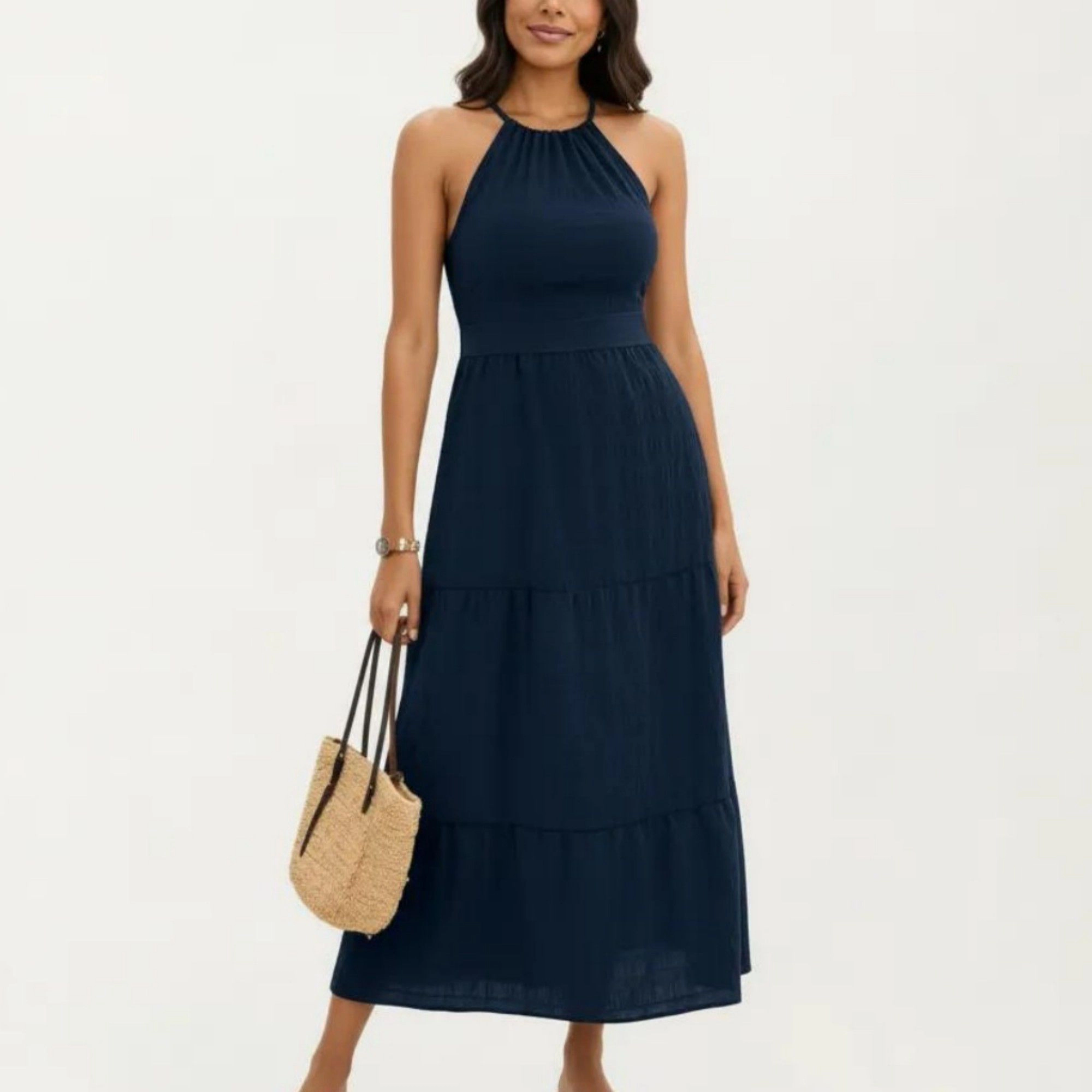 Anna-Kaci Women's Sleeveless Halter Neck Tiered Skirt Fit Lightweight Midi Dress