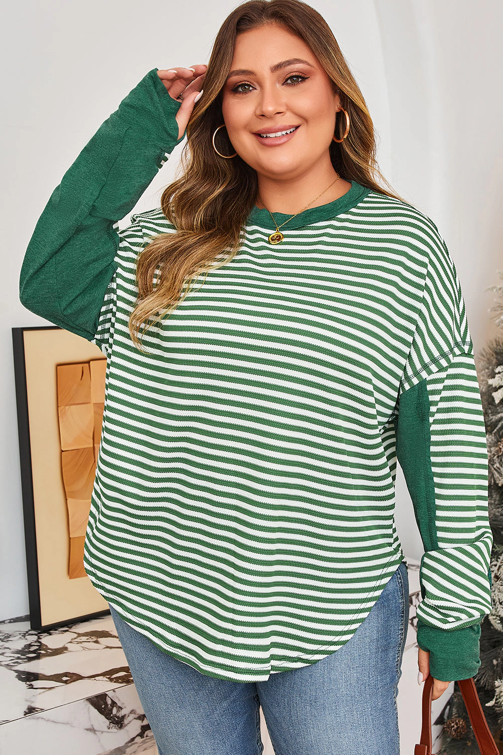 Threaded Pear Women's Green Stripe Exposed Seam Patchwork Plus Thermal Top