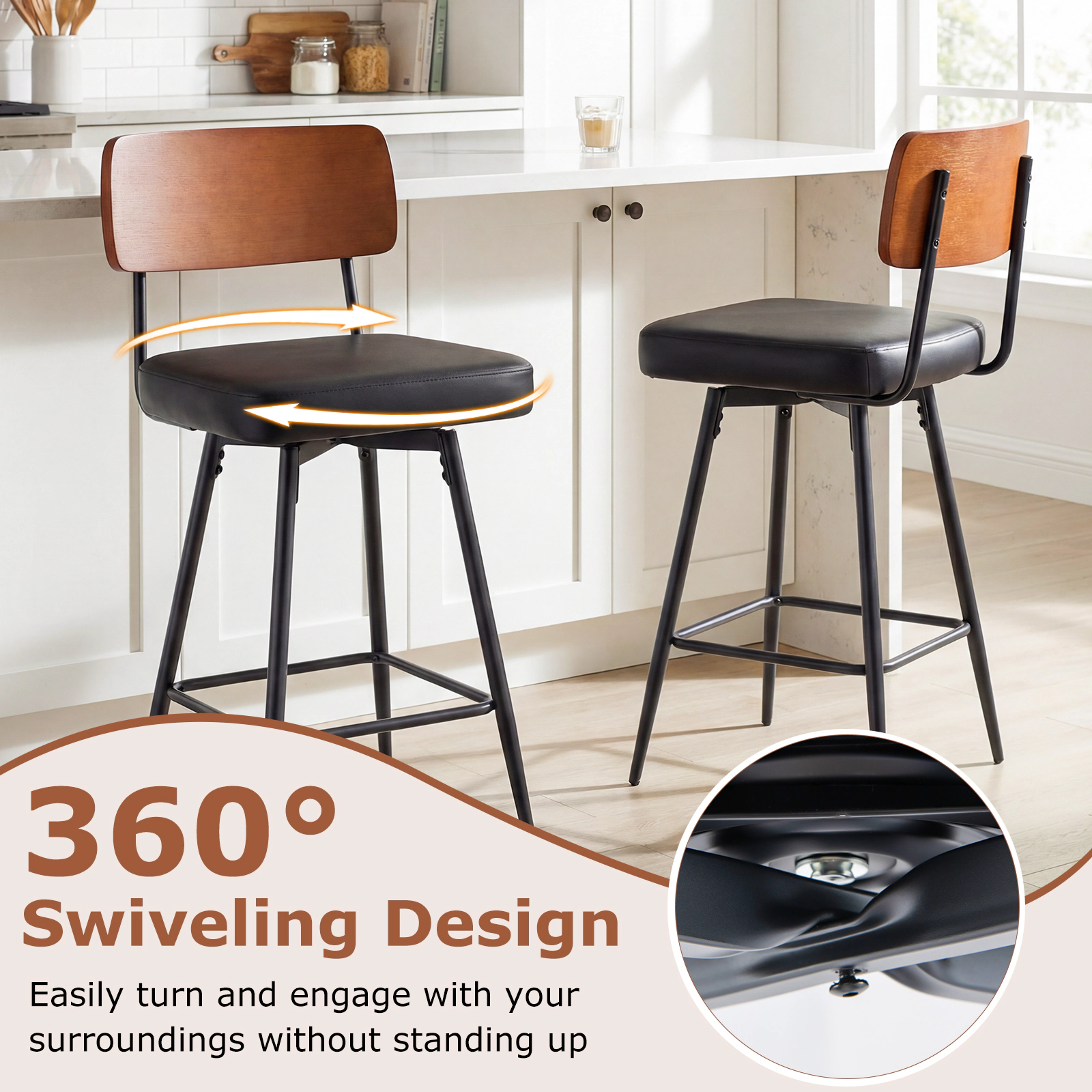 SUGIFT Set of 2 Black 27 in Swivel Counter Stools, Padded Seats, Wood Backrests