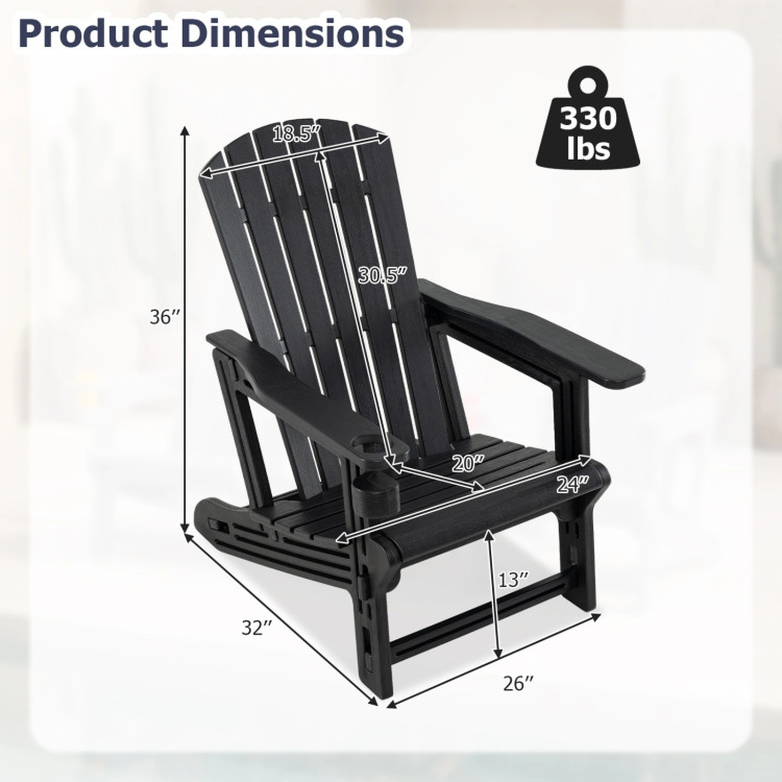 SUGIFT Weather-Resistant Adirondack Chair with Cup Holder 330-lb Capacity High Back Black