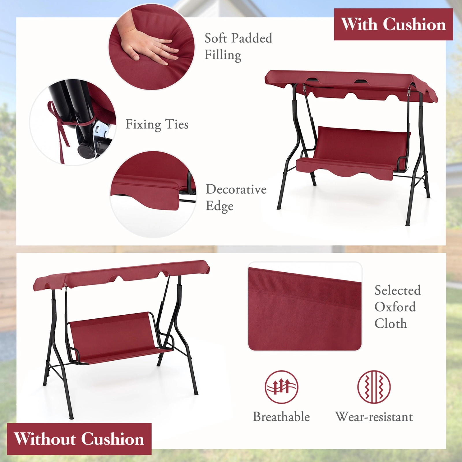 SUGIFT Red 3-Seat Outdoor Patio Swing with Canopy, Cushioned Bench and Steel Frame