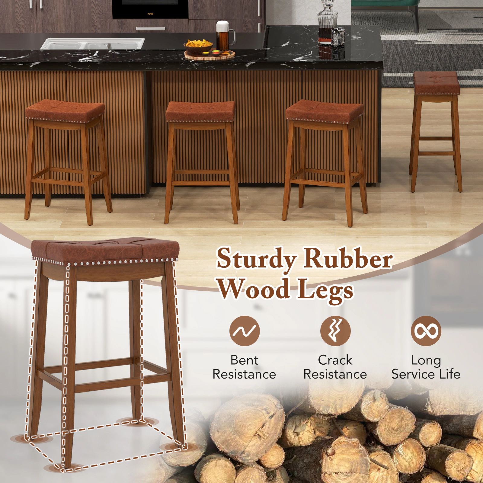 LJG 25/29 Inch Set of 2 Upholstered PU Leather Bar Stools with Saddle Seat-29 Inches