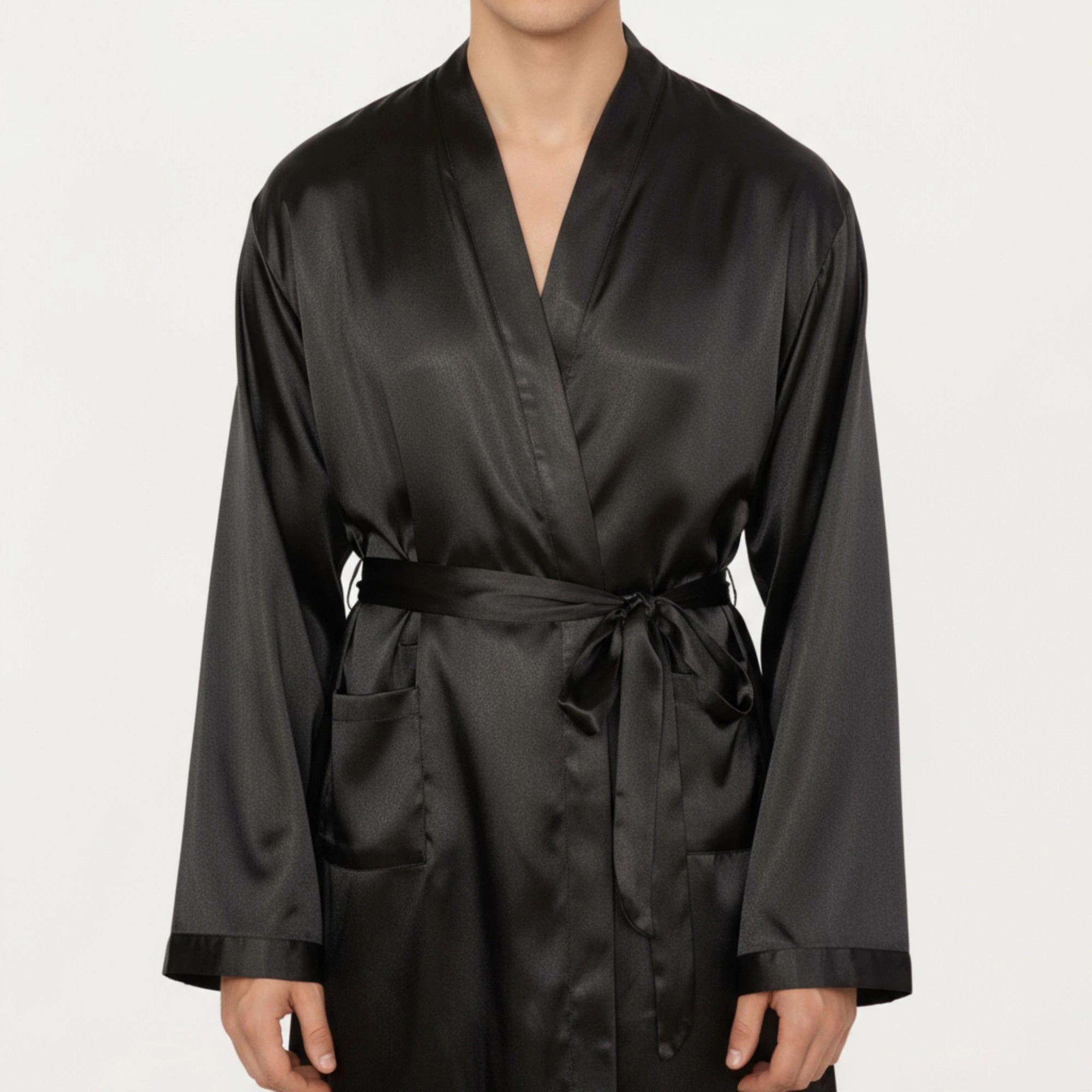 Anna-Kaci Men's Satin Robe with Waist Tie Belt and Front Pockets