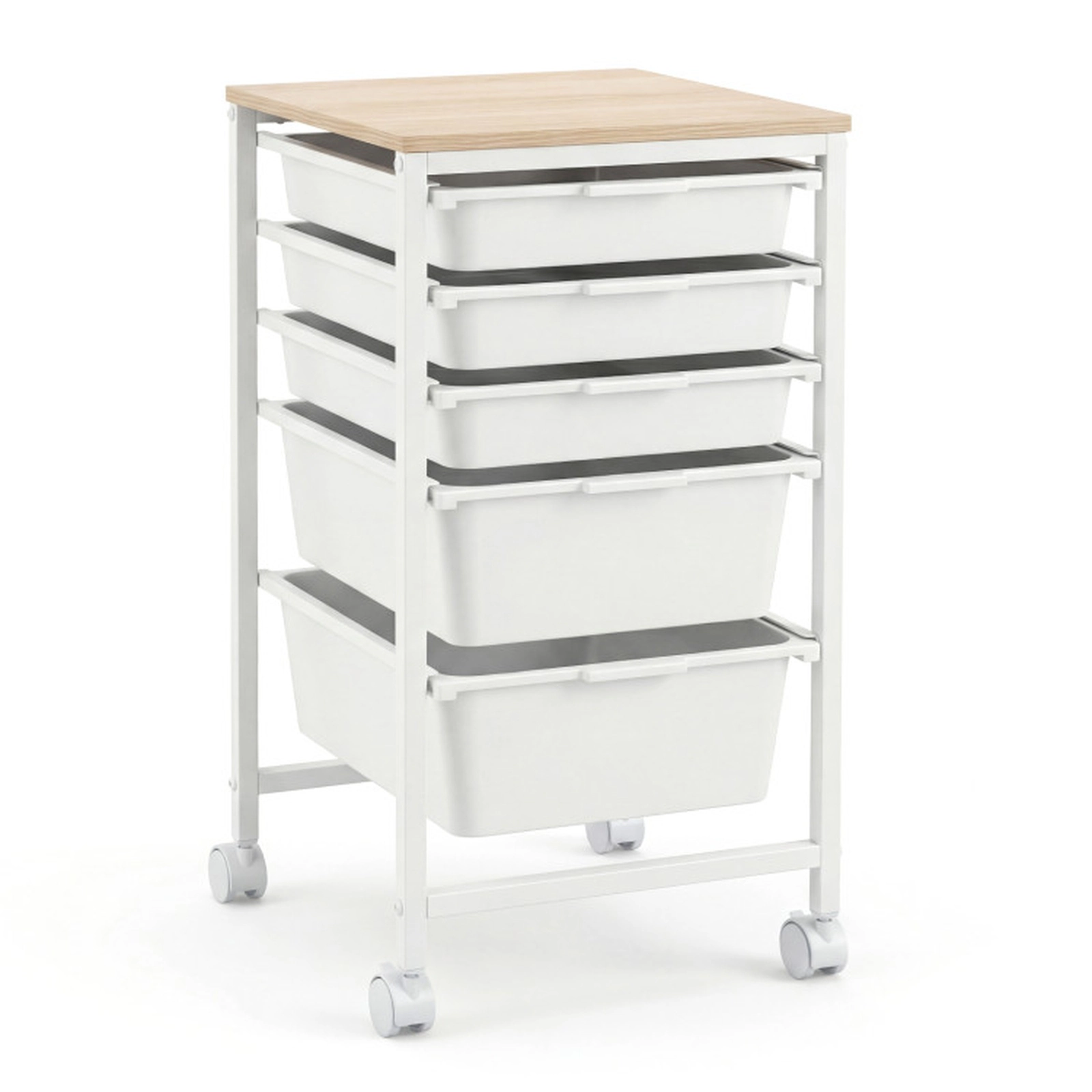 SUGIFT 5-Drawer Rolling Storage Cart White with Wooden Tabletop and Lockable Wheels