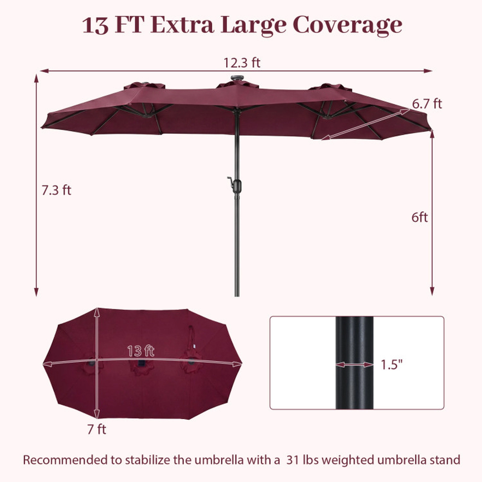 SUGIFT 13-ft Wine Double-Sided Rectangle Market Patio Umbrella with 36 Solar LED Lights and 12 Ribs