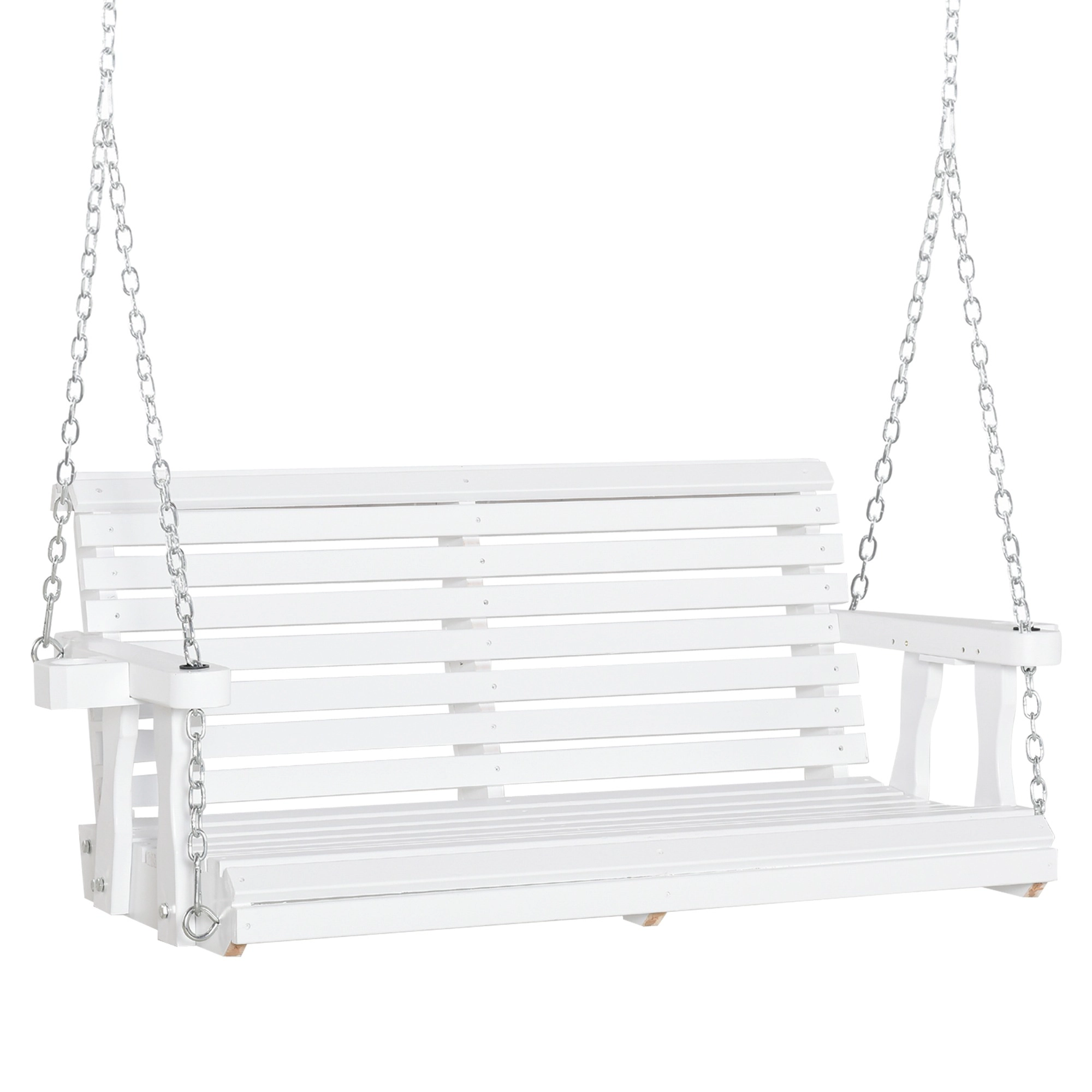 HONGGE 46" 2-Person Wooden Porch Swing Bench with Cup Holders, Slatted Design, Chains, 440lb Capacity