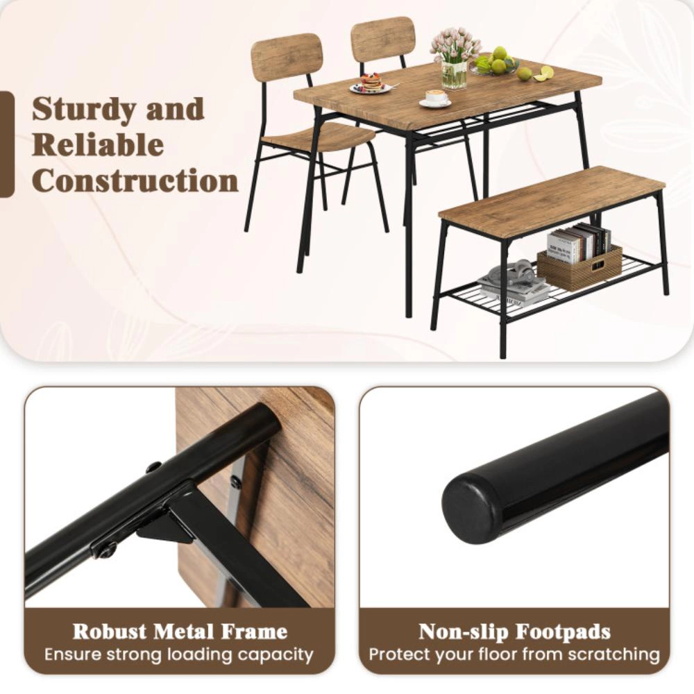 Hivvago 4 Piece Dining Table Set For 4 Metal Frame With Bench And 2 Chairs-Brown
