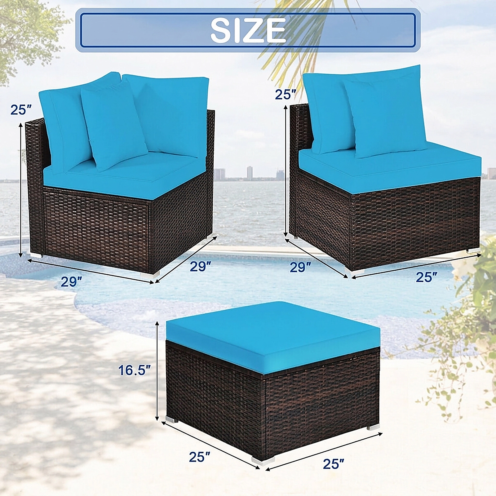 SUGIFT 4-Piece Turquoise Wicker Patio Sectional, 2 Corner Sofas and 25-Inch Ottoman