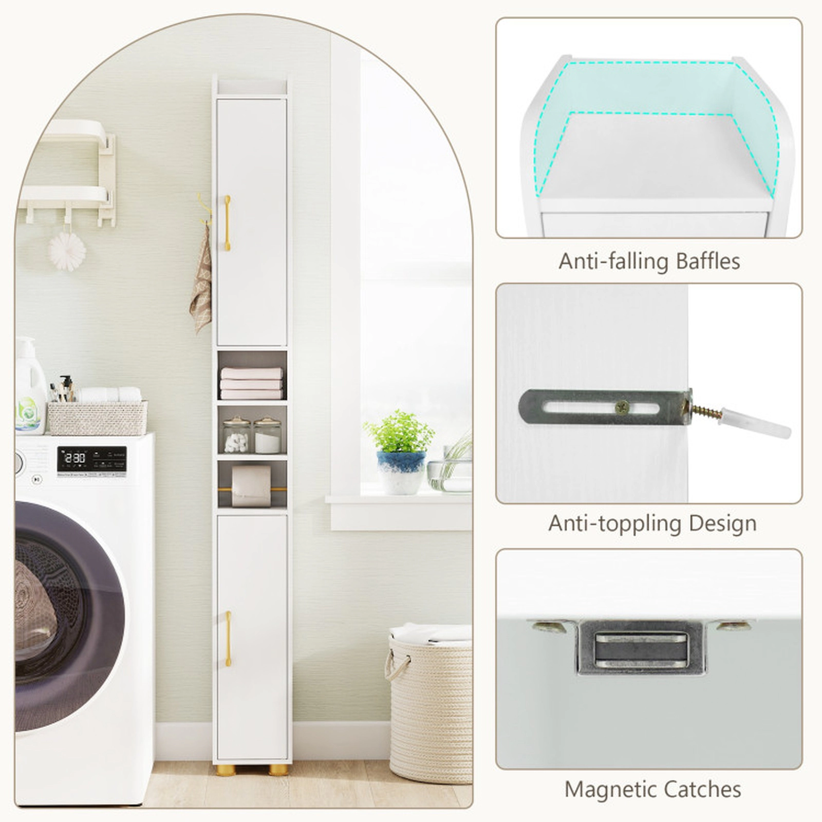 SUGIFT Narrow Toilet Paper Holder 2 Open Shelves Bathroom Storage Cabinet 8-in x 8-in x 69.5-in 11-lb per Shelf White