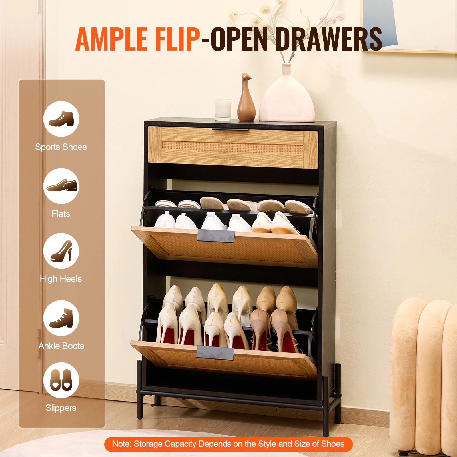 HONGGE Narrow Rattan Shoe Cabinet with Flip Drawers, Slim Entryway Storage Organizer with Metal Legs for Closet Hallway