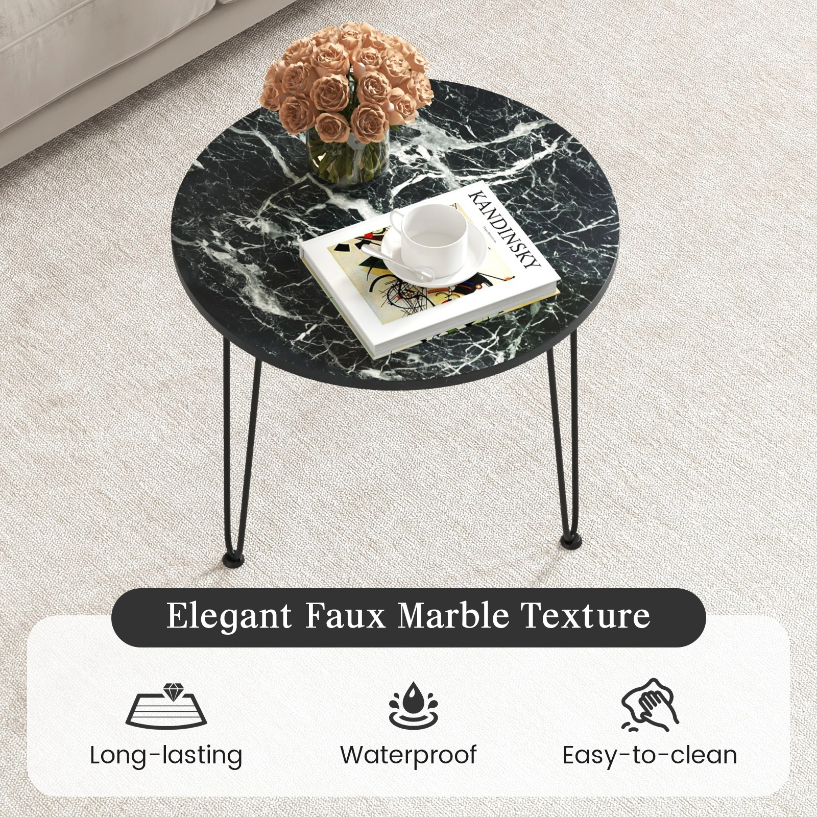 SUGIFT 23.5-Inch Round Faux Marble Coffee Table, Black Metal Tripod Base