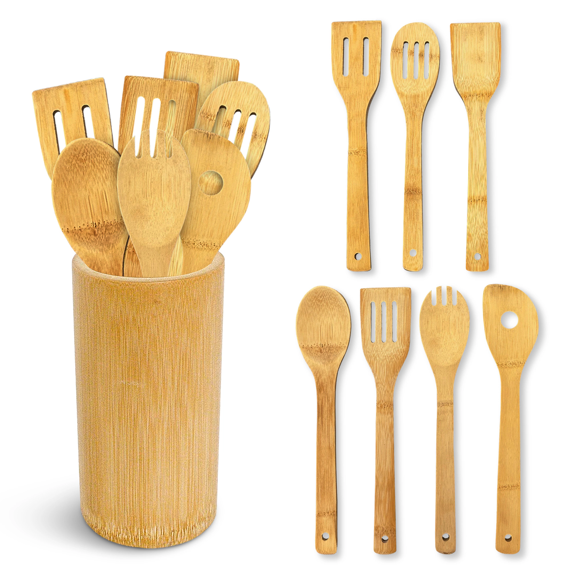 Cheer Collection 8-Piece Bamboo Cooking Utensil Set with Spoons, Turners and Holder