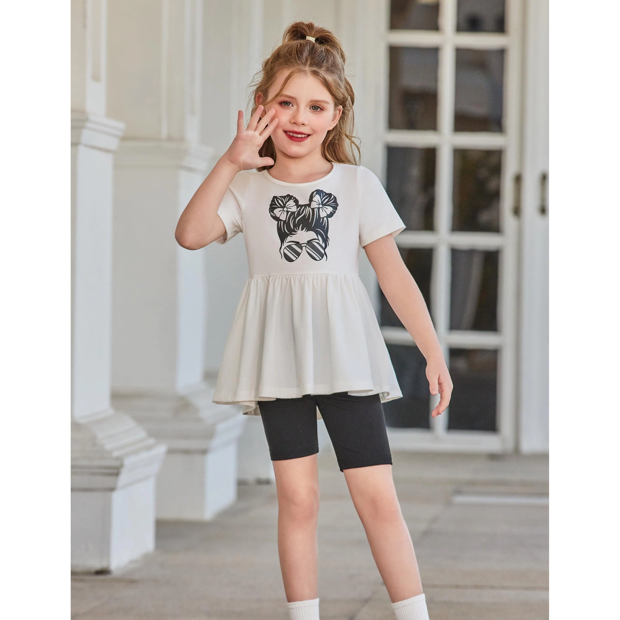 Arshiner Girls Summer Outfits Short Sleeve Ruffle Hem Top And Biker Shorts Set Girl Clothes