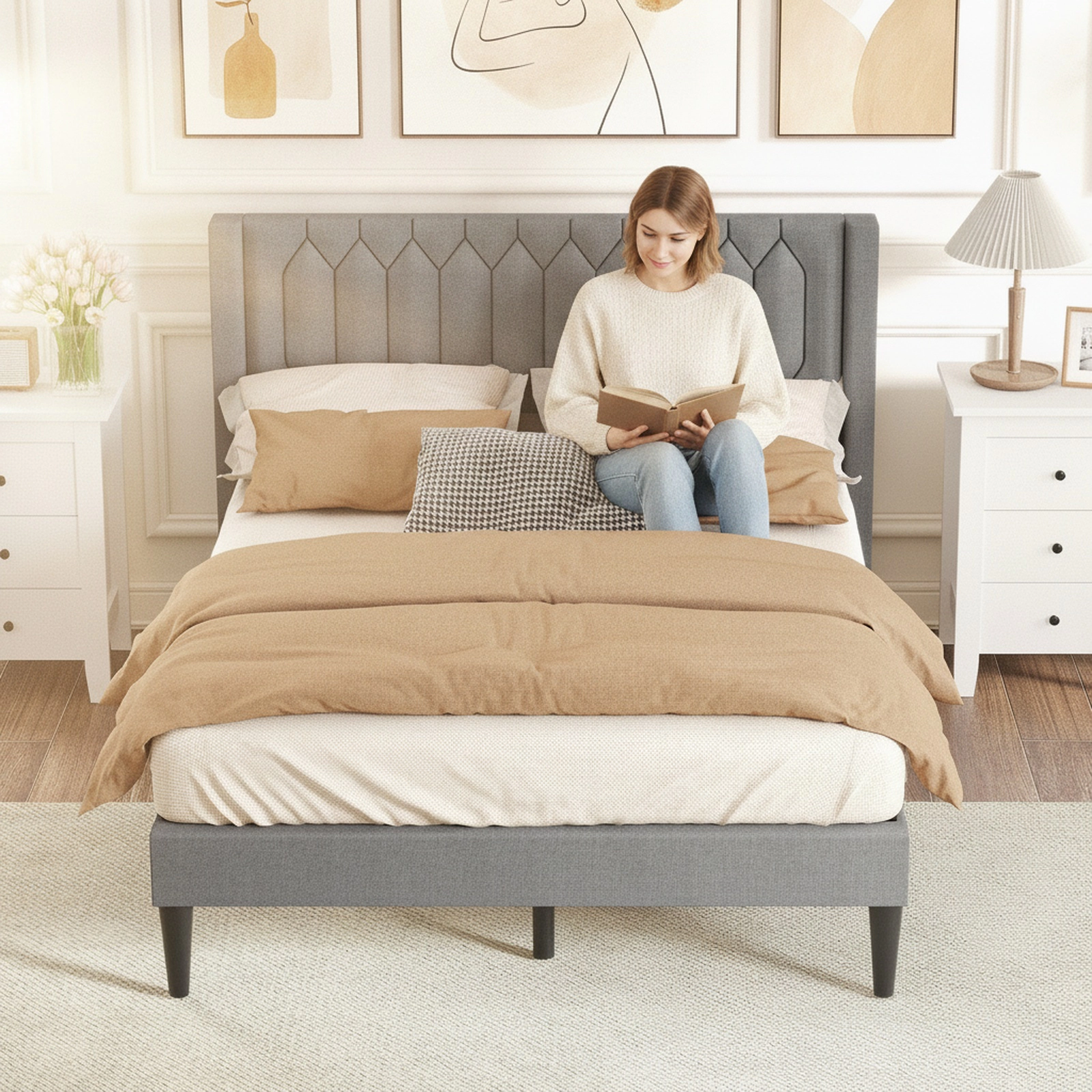 SUGIFT Queen Upholstered Platform Bed Frame with Gray Wingback Headboard
