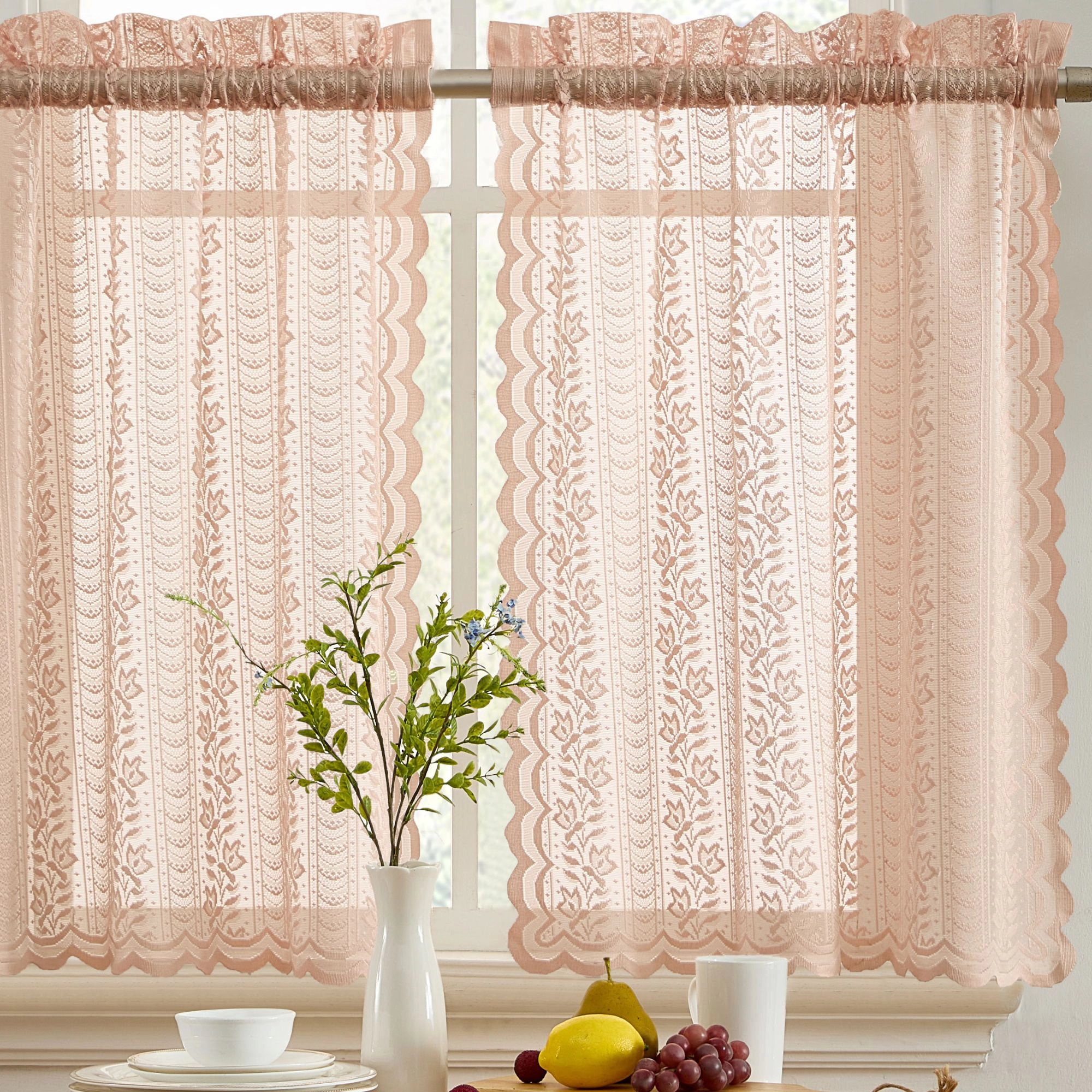 HLC.ME Sophia Floral Rod Pocket Lace Semi Sheer Voile Short Cafe Tiers for Small Windows - Set of 2