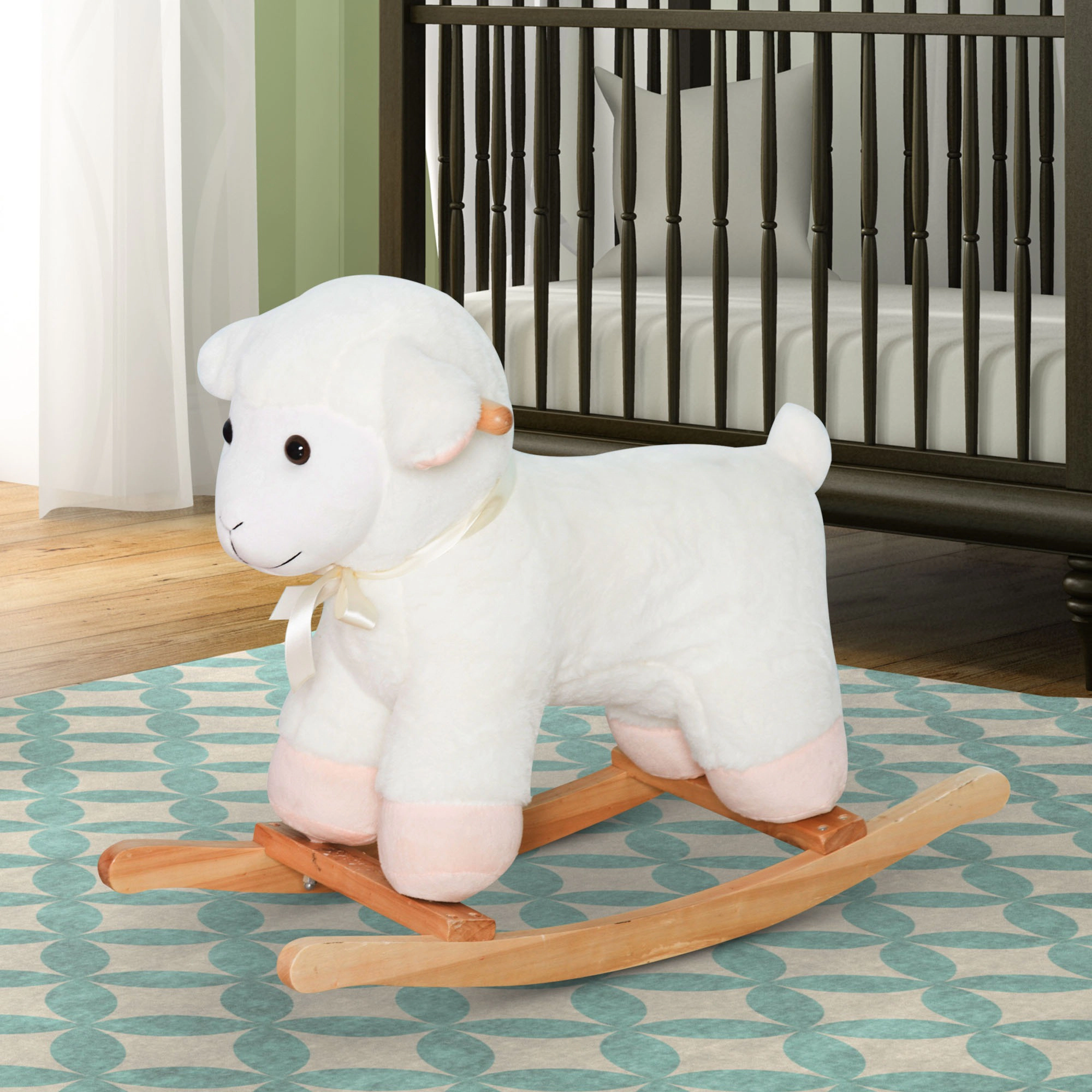 HONGGE White Plush Lamb Rocking Horse Ride-On Toy with Wooden Base for Toddlers 18 Months and Up
