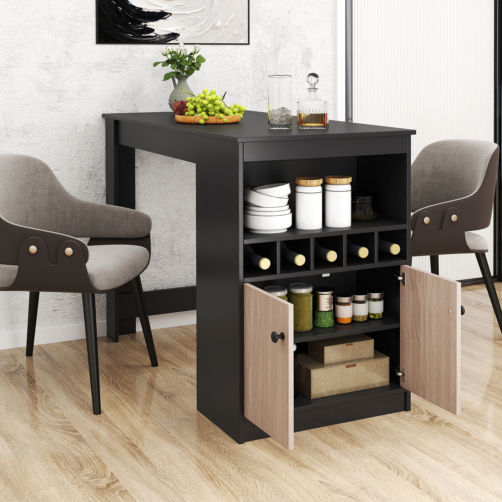 SUGIFT 48-in Counter-Height Bar Table with 2-Door Cabinet and 5-Bottle Wine Rack