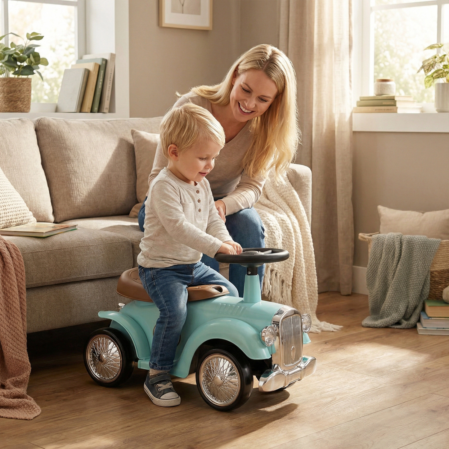 LJG Kids Sit to Stand Vehicle with Working Steering Wheel and Under Seat Storage