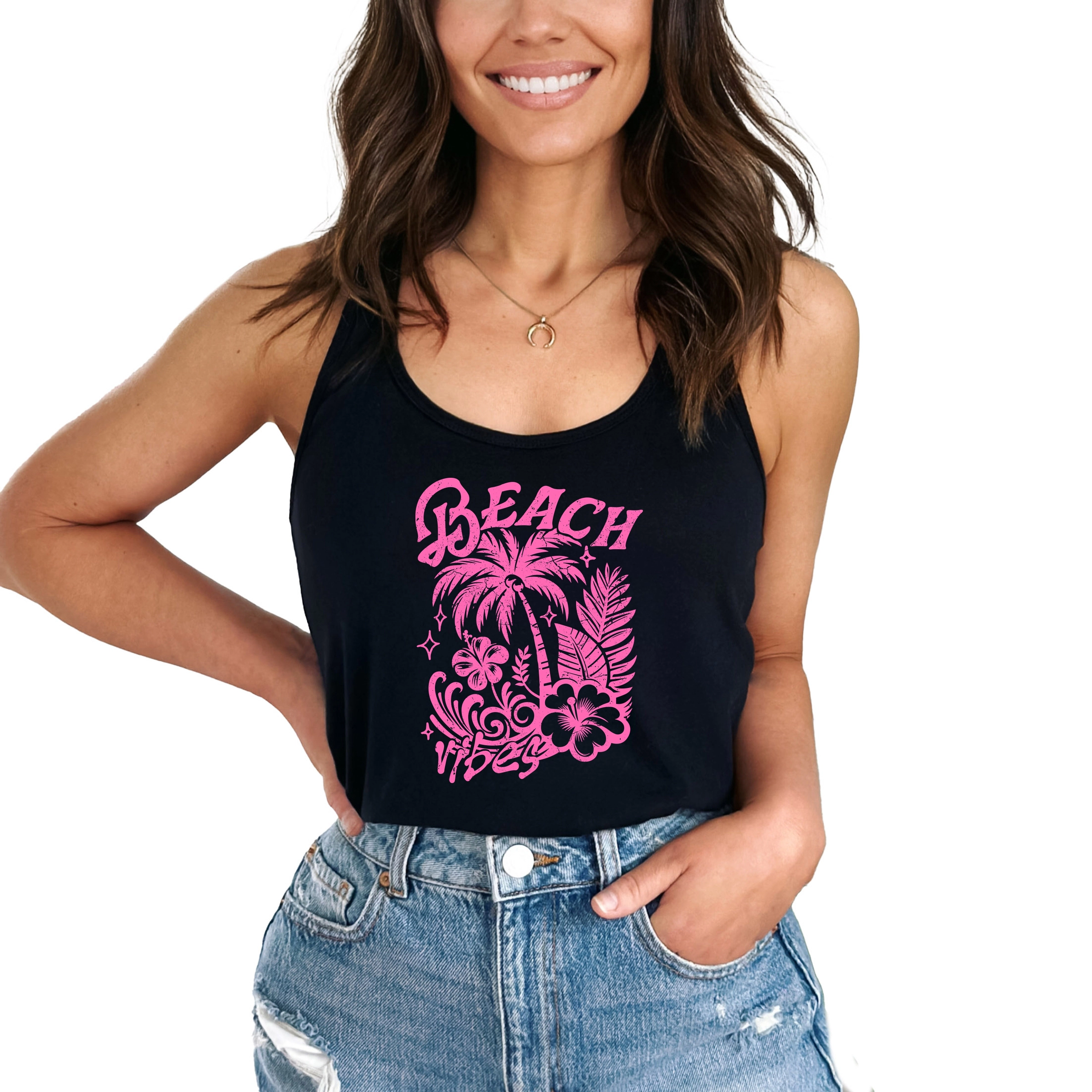 Simply Sage Market Beach Vibes Distressed Women's Graphic Racerback Tank Top