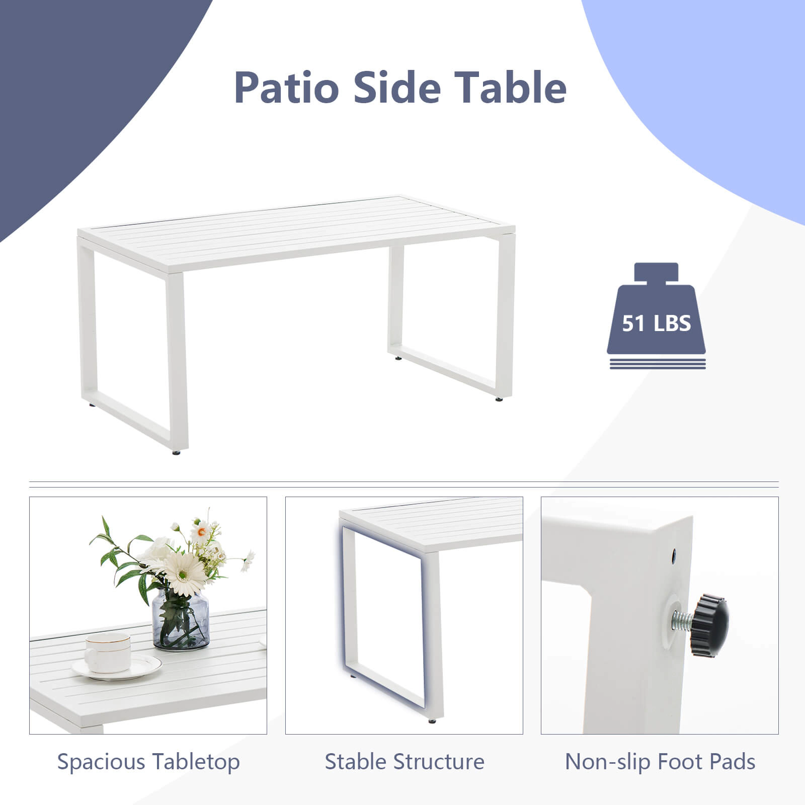 SUGIFT White and Navy Steel Frame Loveseat and Side Table 4-Piece Outdoor Conversation Set