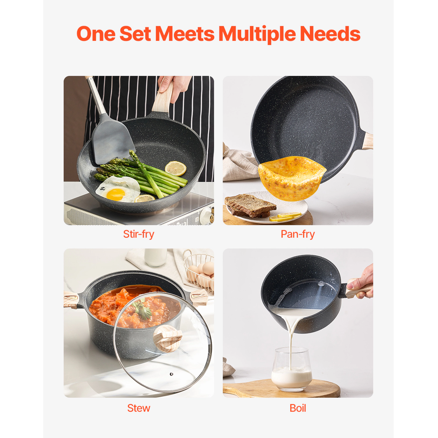 HONGGE Pots and Pans Set Granite Nonstick Cookware Set Induction Cookwares Kitchen RV Cooking Sets with Frying Sauce