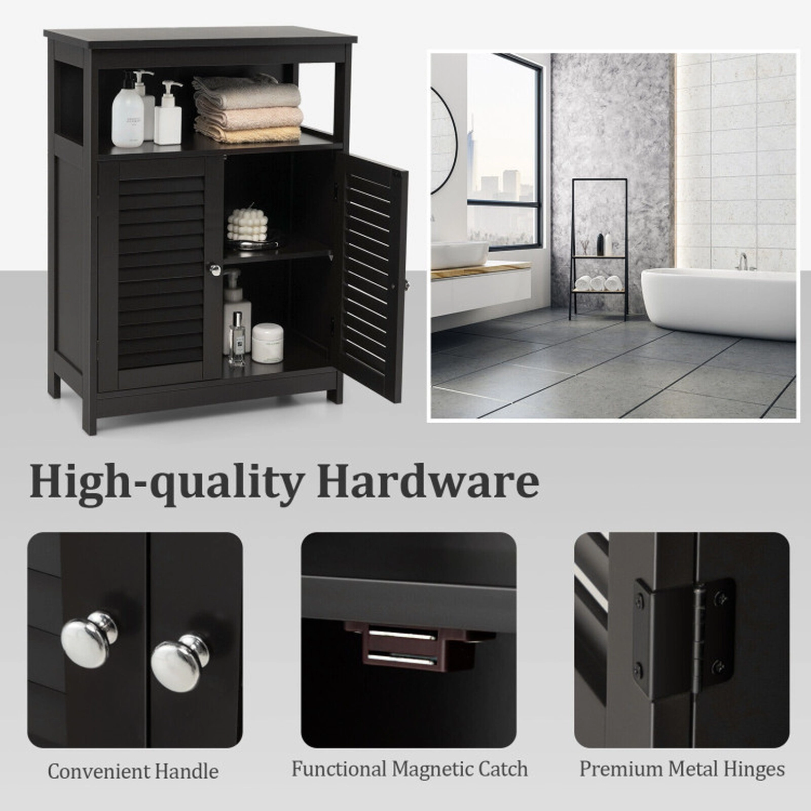 SUGIFT Black 77-lb Top Capacity Double Shutter Door Freestanding Bathroom Storage Cabinet with Open Shelf