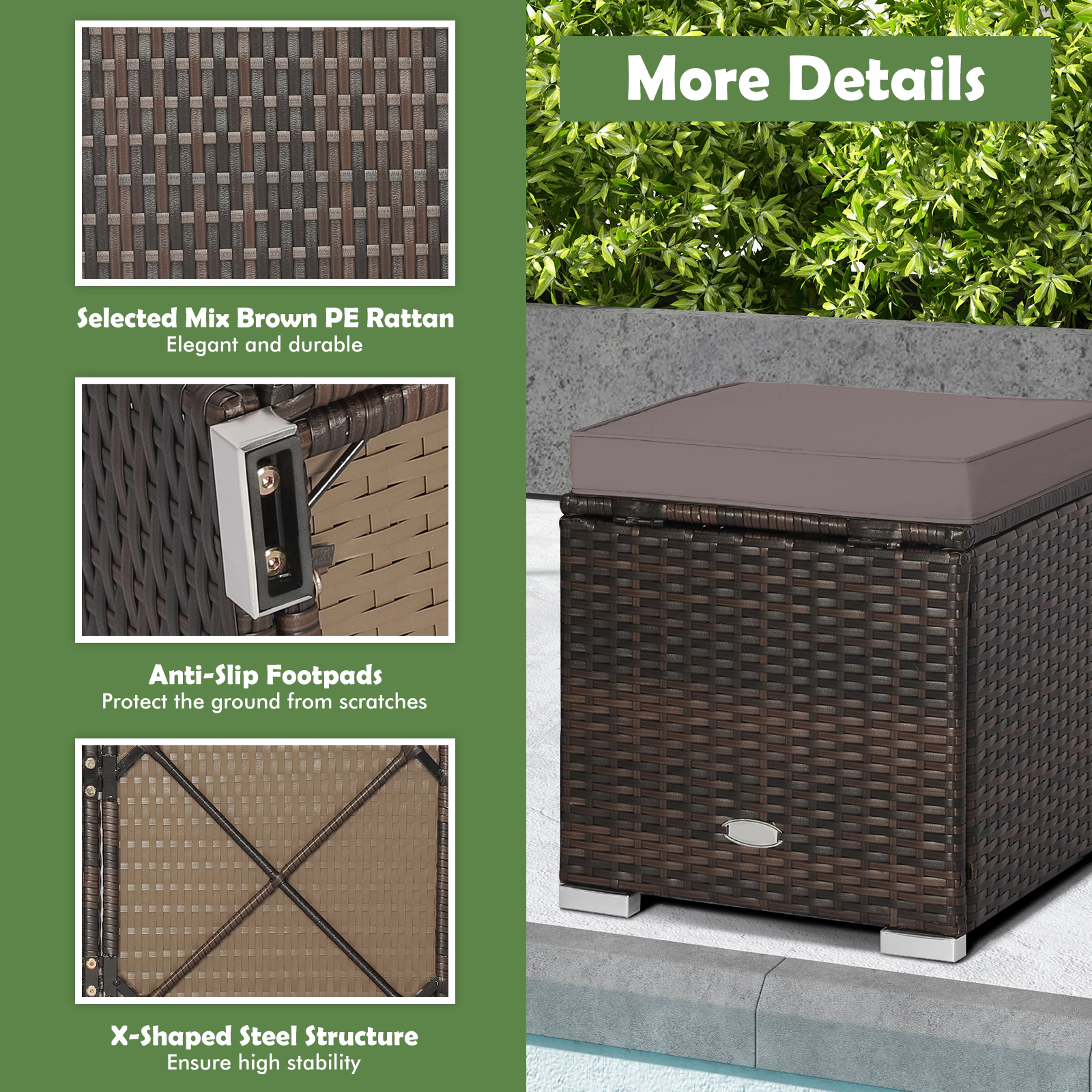SUGIFT Set of 2 Brown 16-Inch Outdoor Wicker Storage Ottomans with Removable Cushions