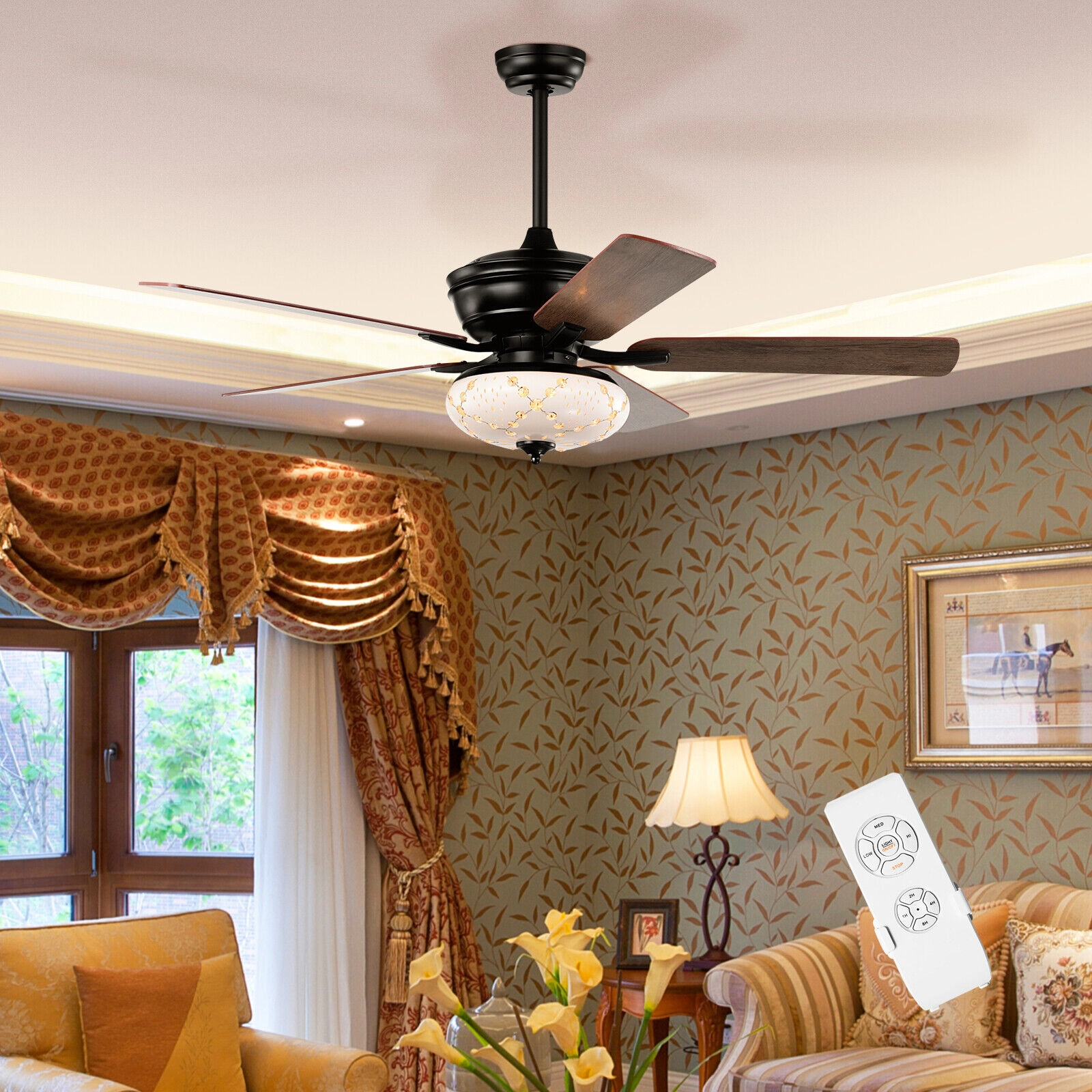 SUGIFT Black 5-Blade Retro Ceiling Fan with Remote Control and 3 Wind Speeds 52-in Dia 5520-CFM Airflow