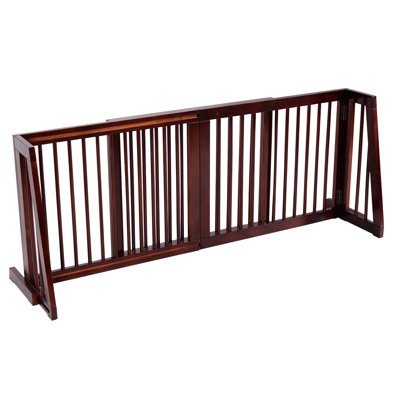SUGIFT Brown Folding Adjustable Free Standing 3 Panel Wood Pet Gate