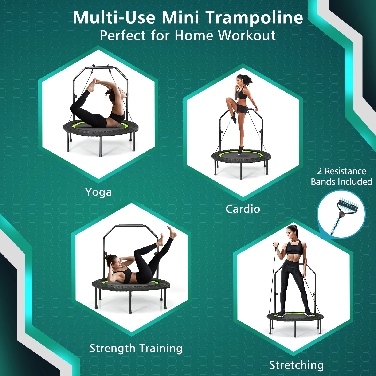 SUGIFT Green Adjustable Handrail and Resistance Bands 40 Inch Foldable Adult Fitness Rebounder