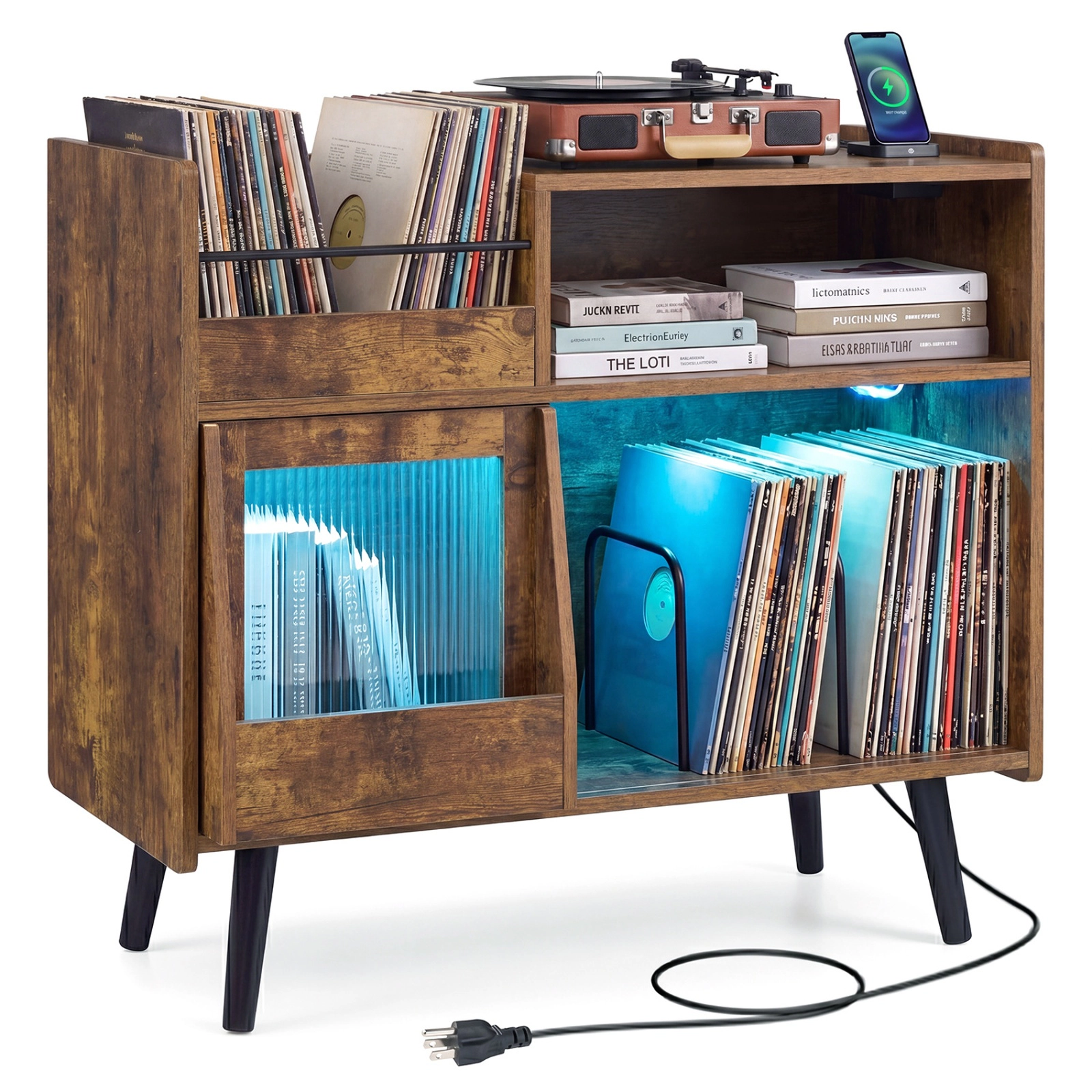 SUGIFT 34-Inch Record Player Stand with LED Lights, Sliding Glass Door, and Vinyl Storage Cabinet