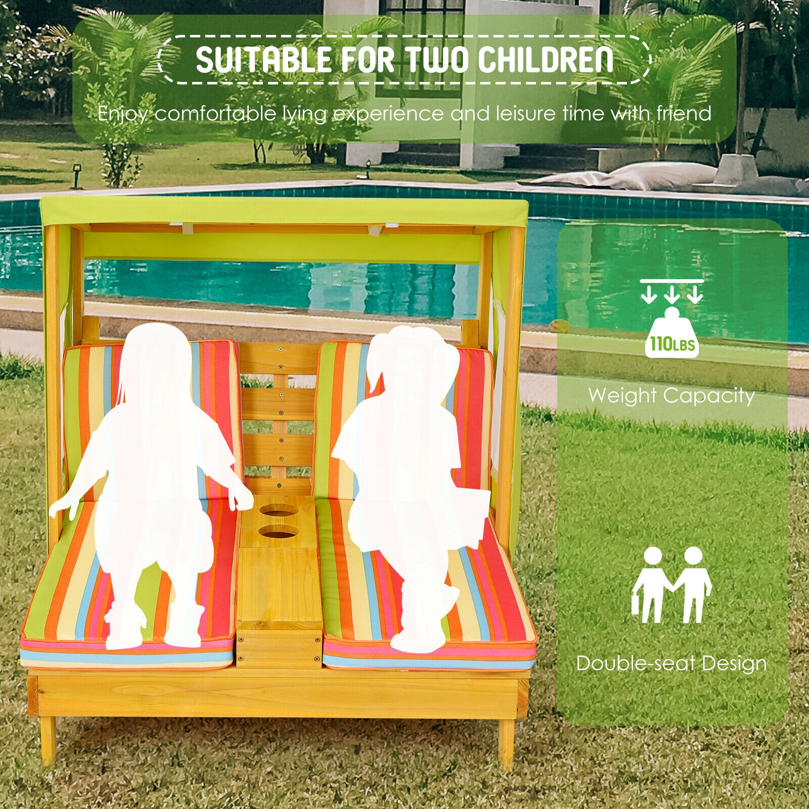 SUGIFT Cup Holders and Striped Awning Kids Double Patio Lounge Chair