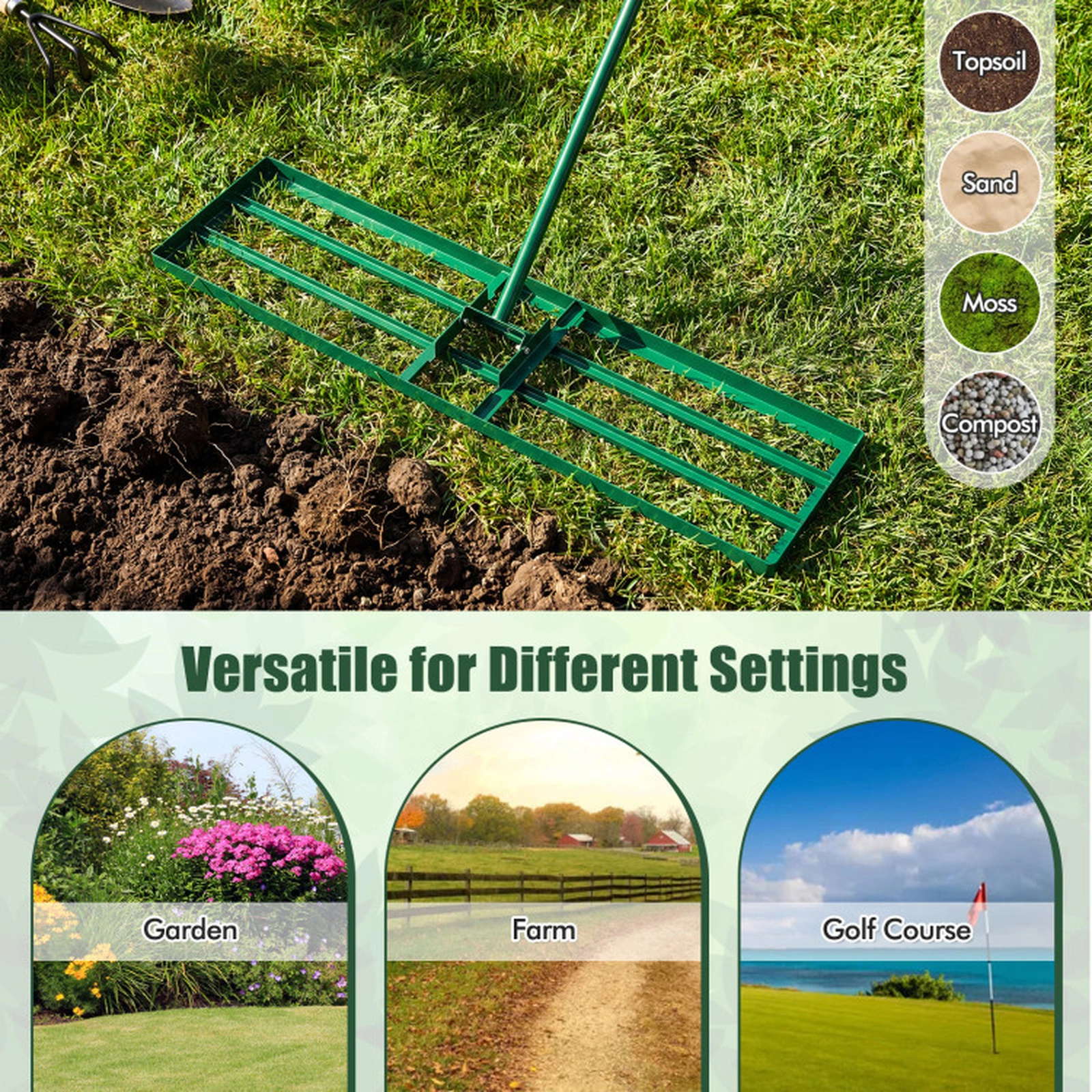 SUGIFT 36 x 10 in Lawn Leveling Rake Multi-Tool with 67-in Ergonomic Handle 13-lb Net Weight Black Silver 1-Piece