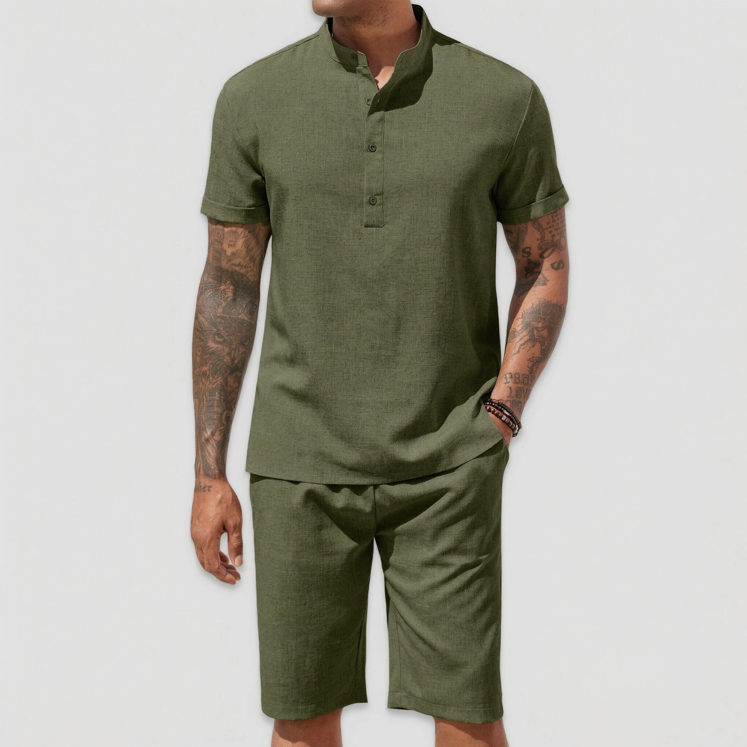 COOFANDY Mens Short Sleeve Henley Band Collar Button Shirt & Shorts 2 Piece Set