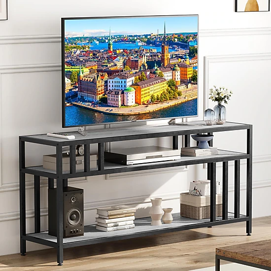 BebreezChic 58" TV Stand for Television 65", Entertainment Center Table with Adjustable Legs, Open Shelves & Doors