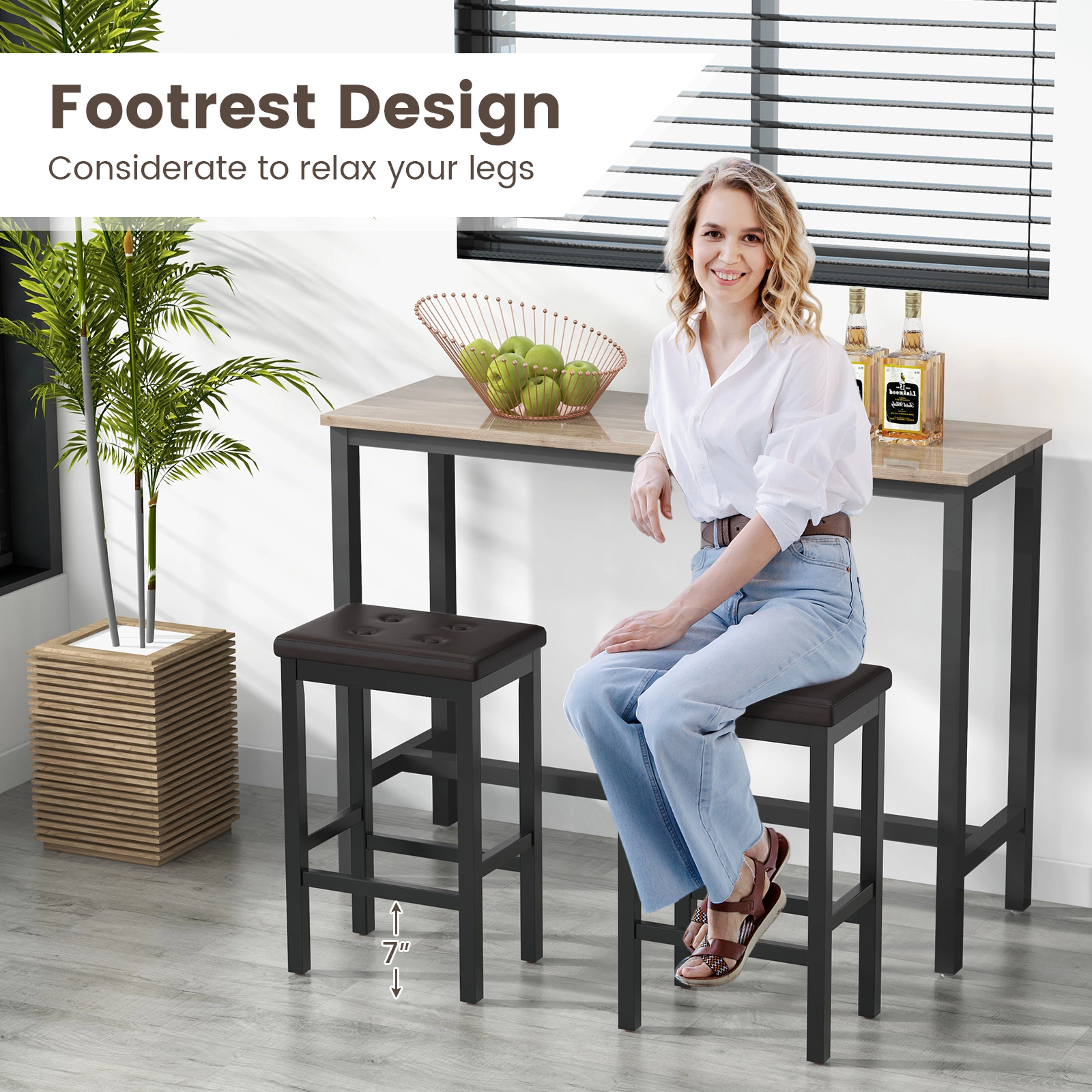SUGIFT 24-Inch Counter Height Bar Stool with Tufted PVC Leather Seat, Rubber Wood Frame and Footrest