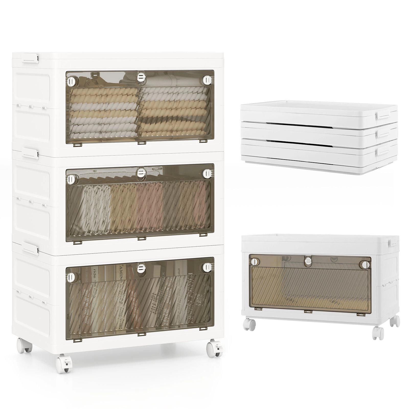 SlickBlue 3 Pack Stackable Storage Bins with Wheels and Folding Design
