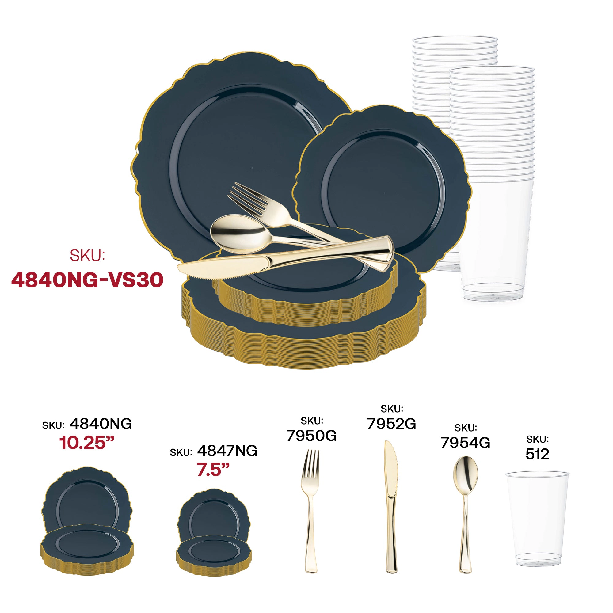 Smarty Had A Party Navy with Gold Rim Round Blossom Disposable Plastic Wedding Value Set