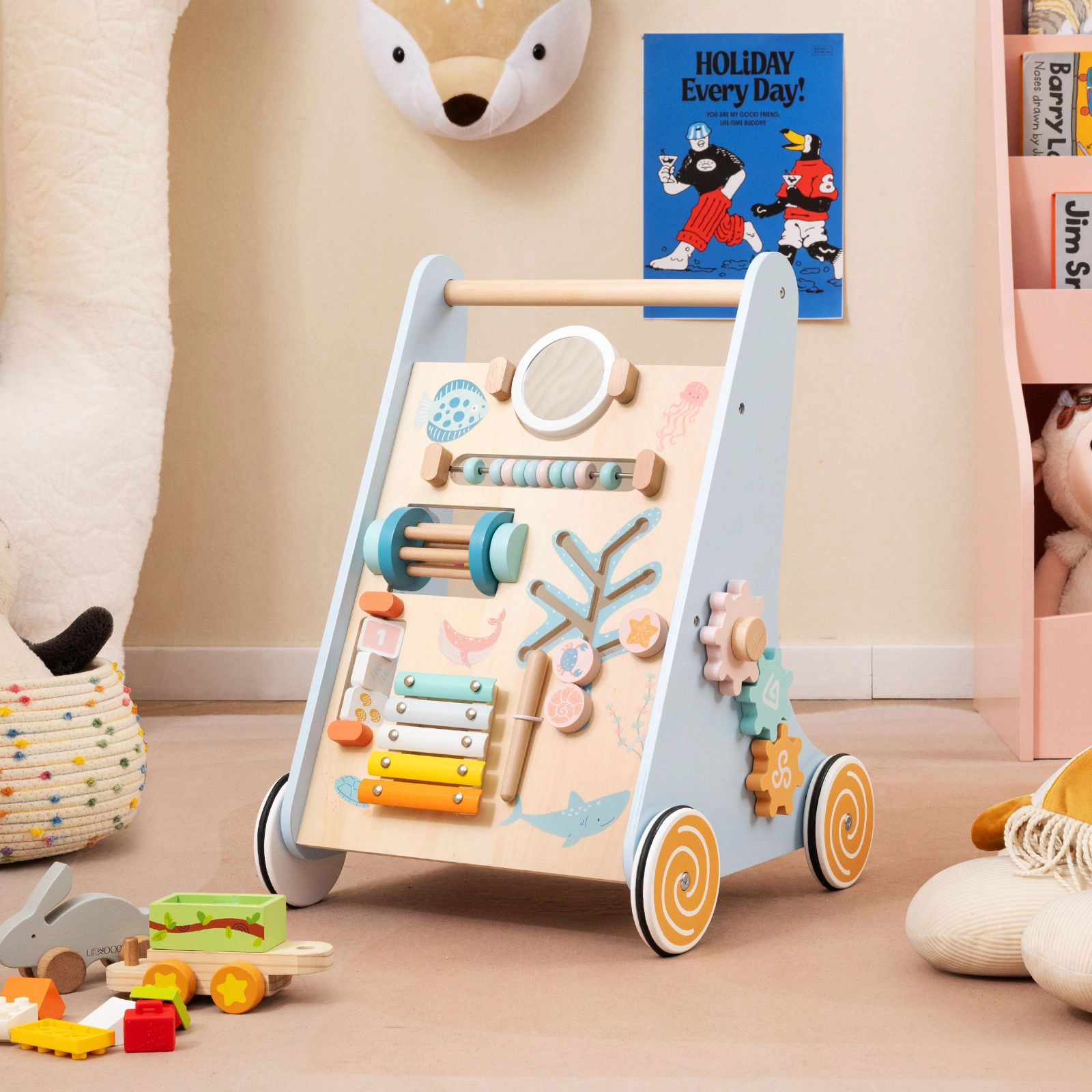 SlickBlue 8-in-1 Wooden Baby Walker with Interactive Learning Activities