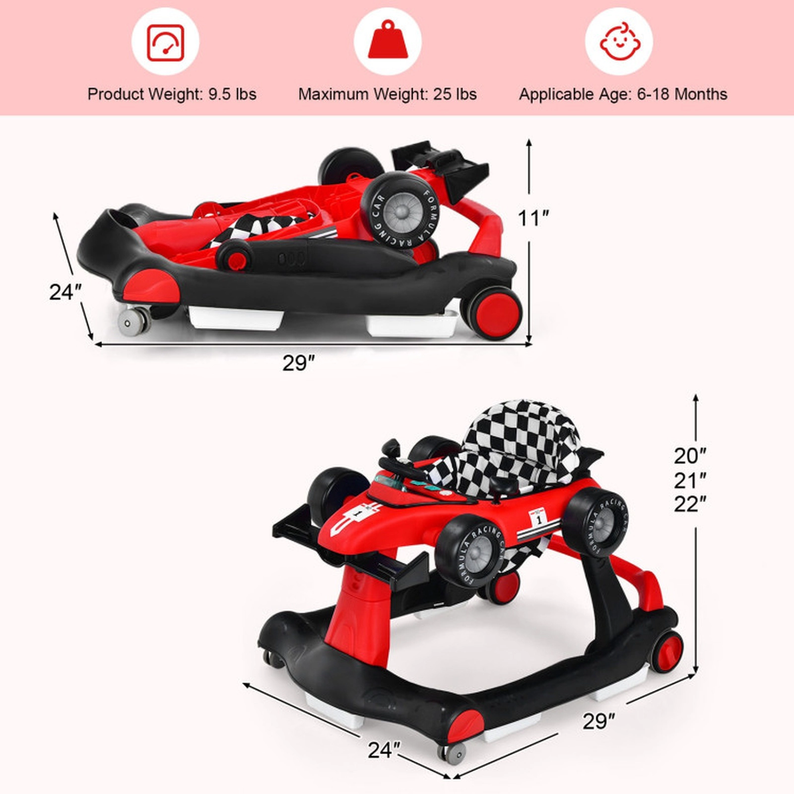 SUGIFT 4-in-1 Foldable Activity Push Walker with Adjustable Height 25-lb Capacity Ages 6-18 Months 29-in Frame Red